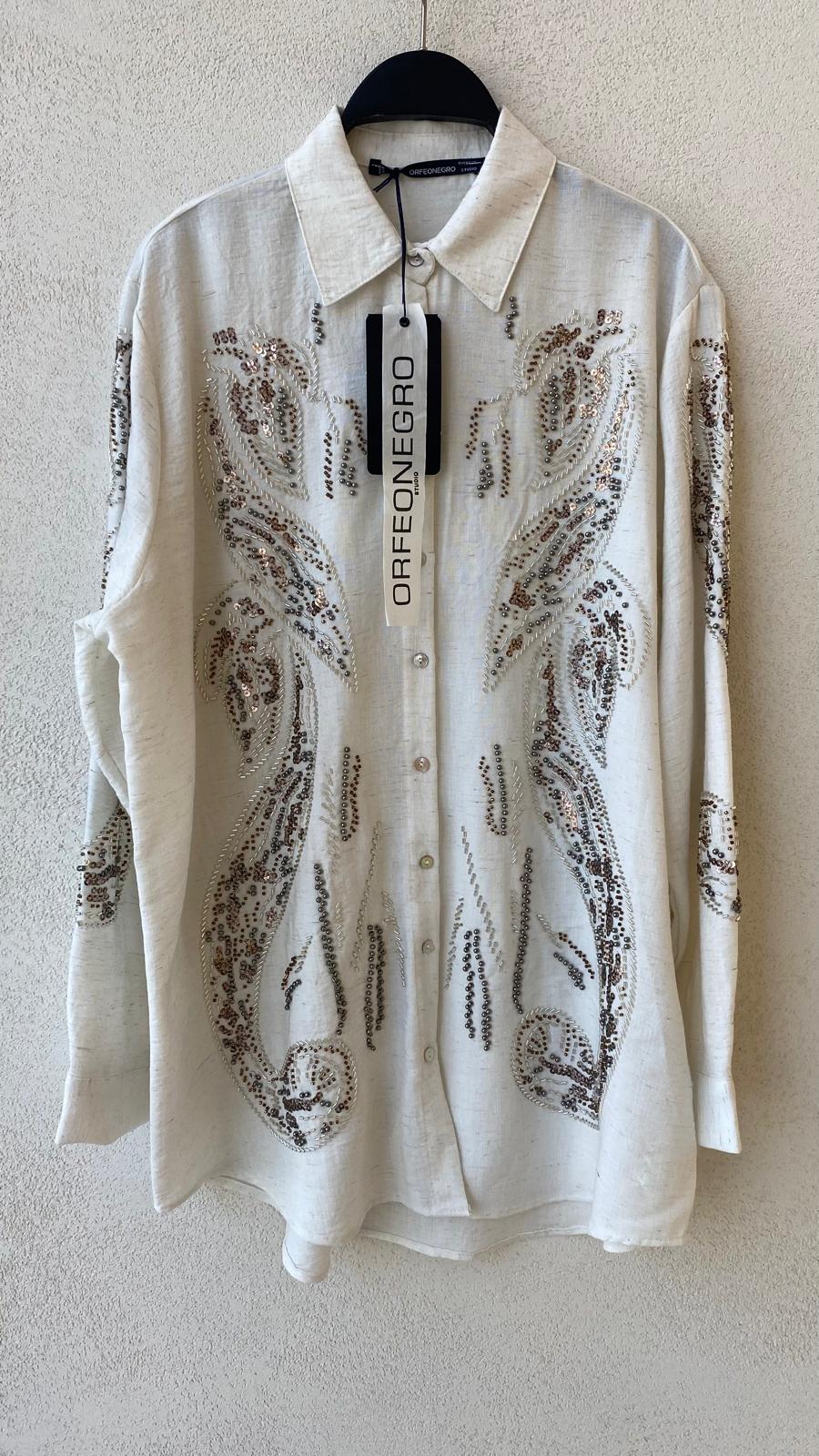 Toptan Boncuk İşlemeli Natur Oversize Şık Kadın Gömlek