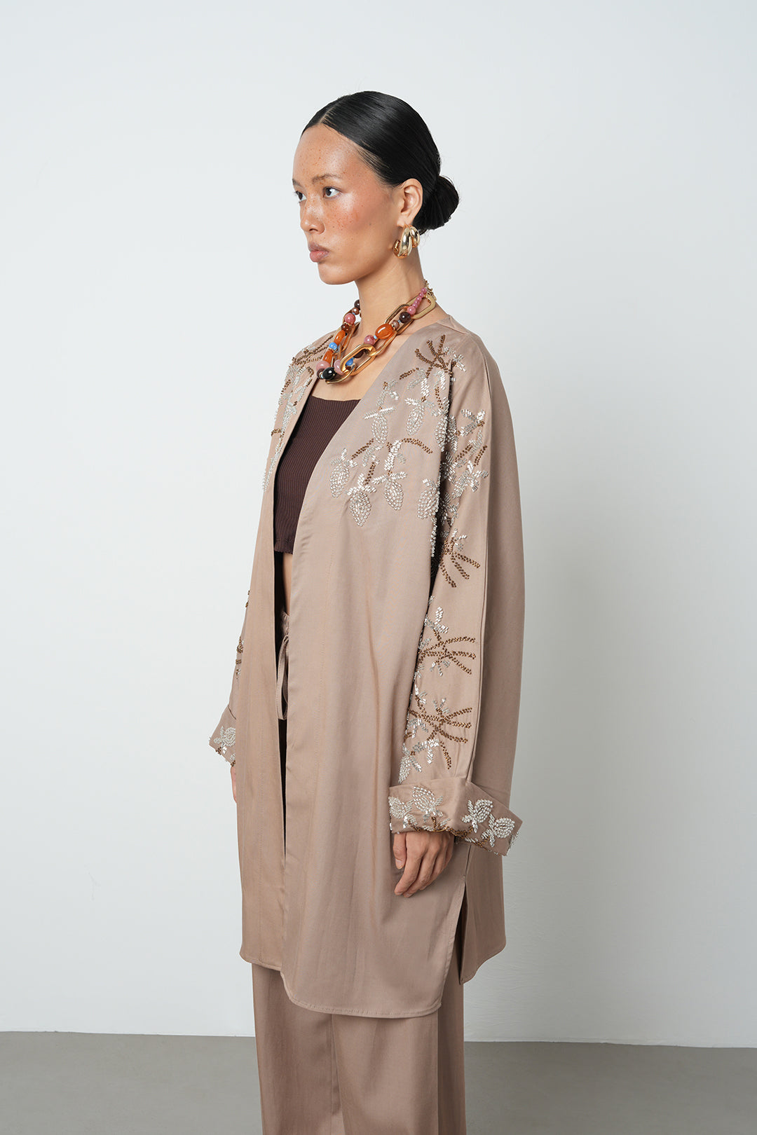 Boncuk detaylı oversize kimono, toptan kadın giyim, tesettür giyim, günlük şık kimono