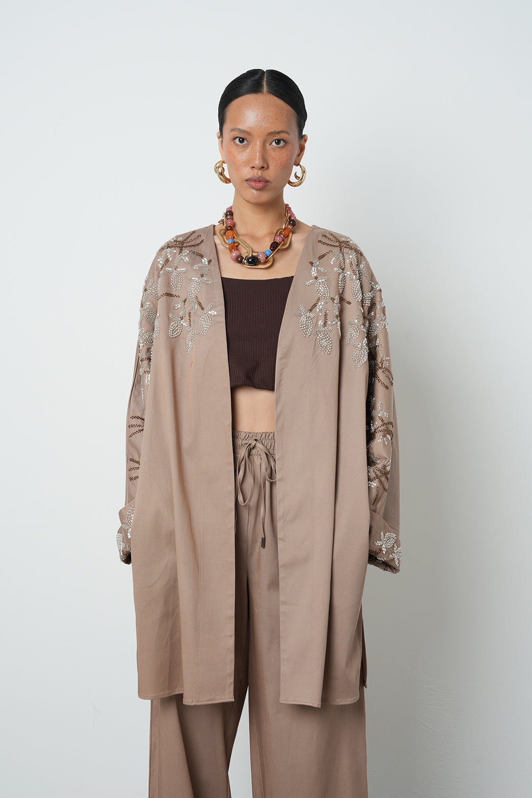 Boncuk detaylı oversize kimono, toptan kadın giyim, tesettür giyim, günlük şık kimono