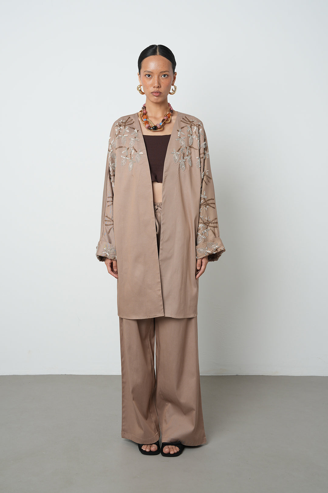 Boncuk detaylı oversize kimono, toptan kadın giyim, tesettür giyim, günlük şık kimono