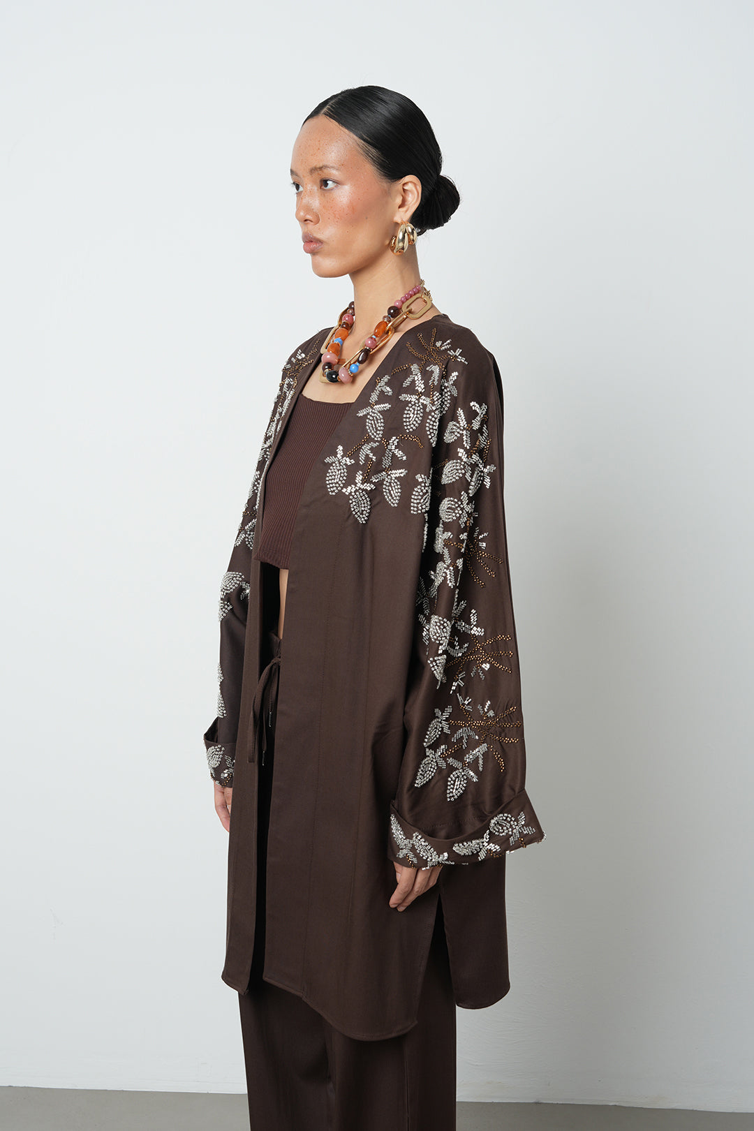 Boncuk detaylı oversize kimono, toptan kadın giyim, tesettür giyim, günlük şık kimono