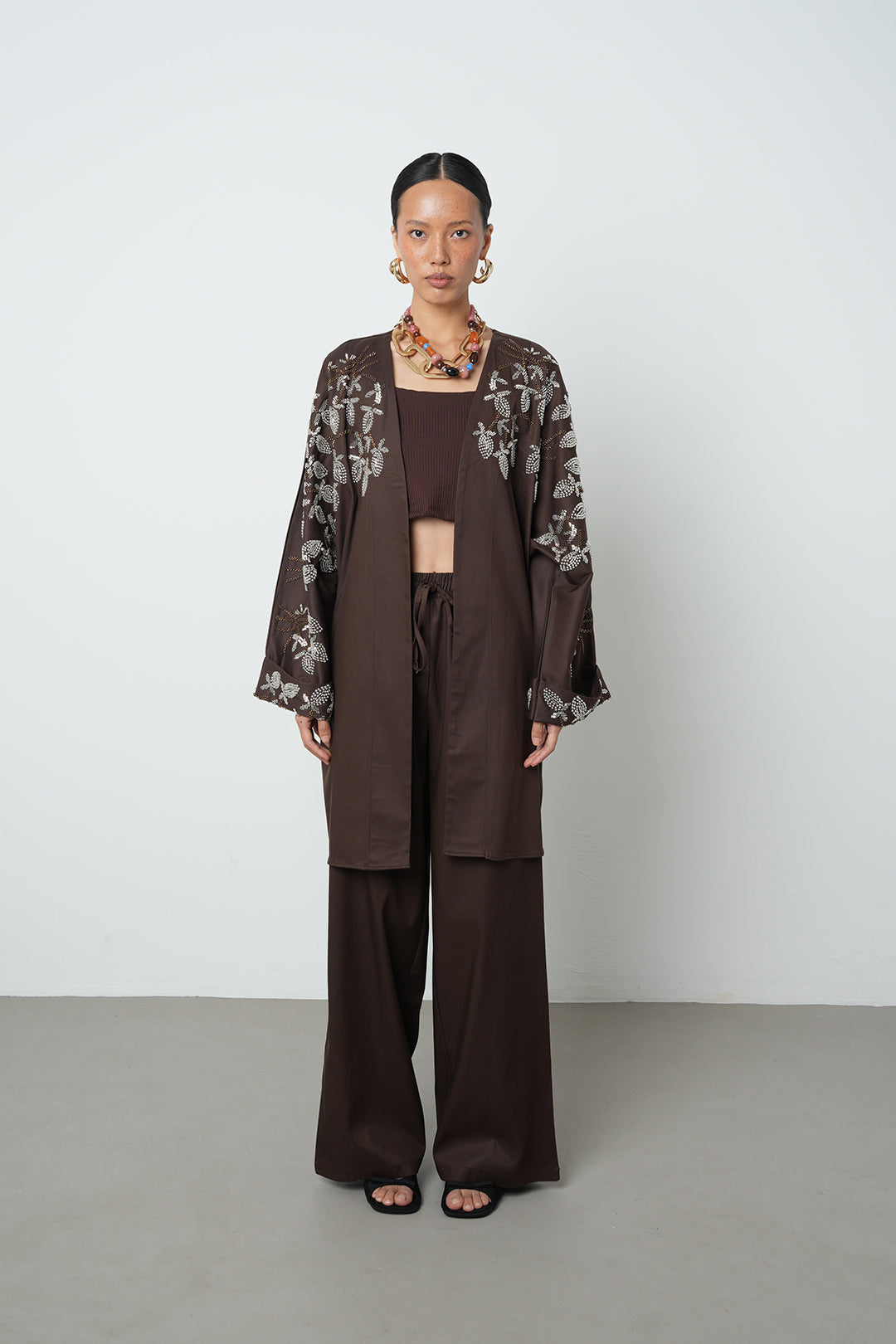 Boncuk detaylı oversize kimono, toptan kadın giyim, tesettür giyim, günlük şık kimono