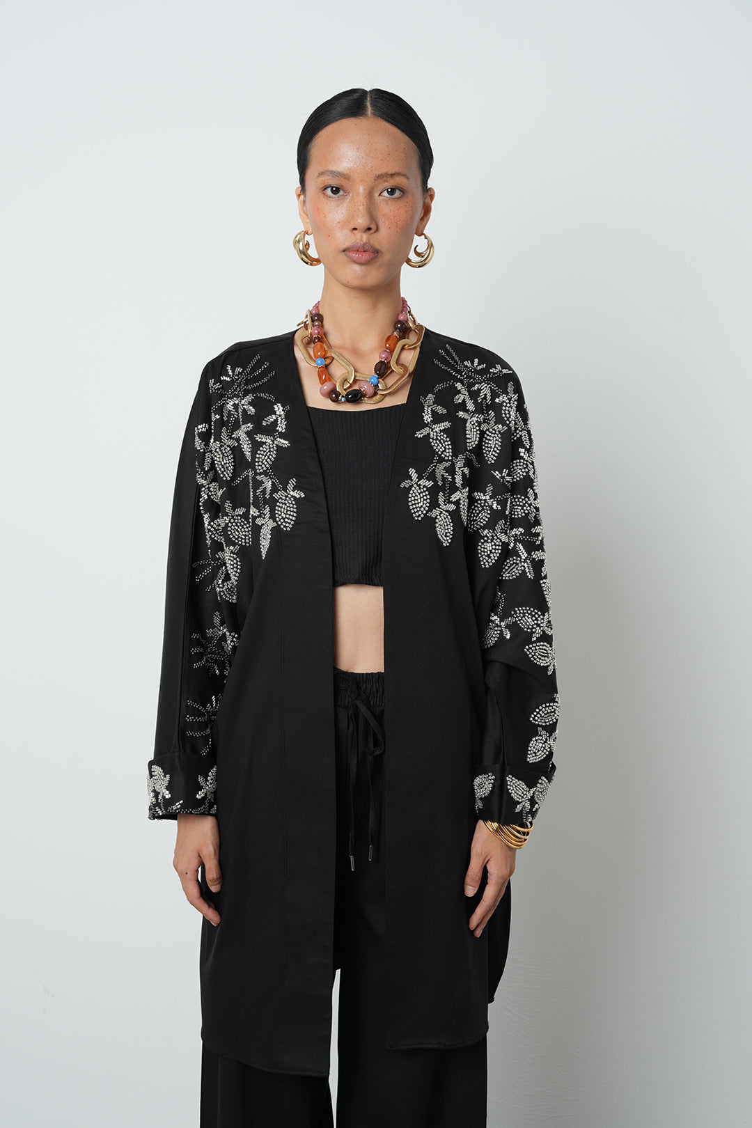 Boncuk detaylı oversize kimono, toptan kadın giyim, tesettür giyim, günlük şık kimono