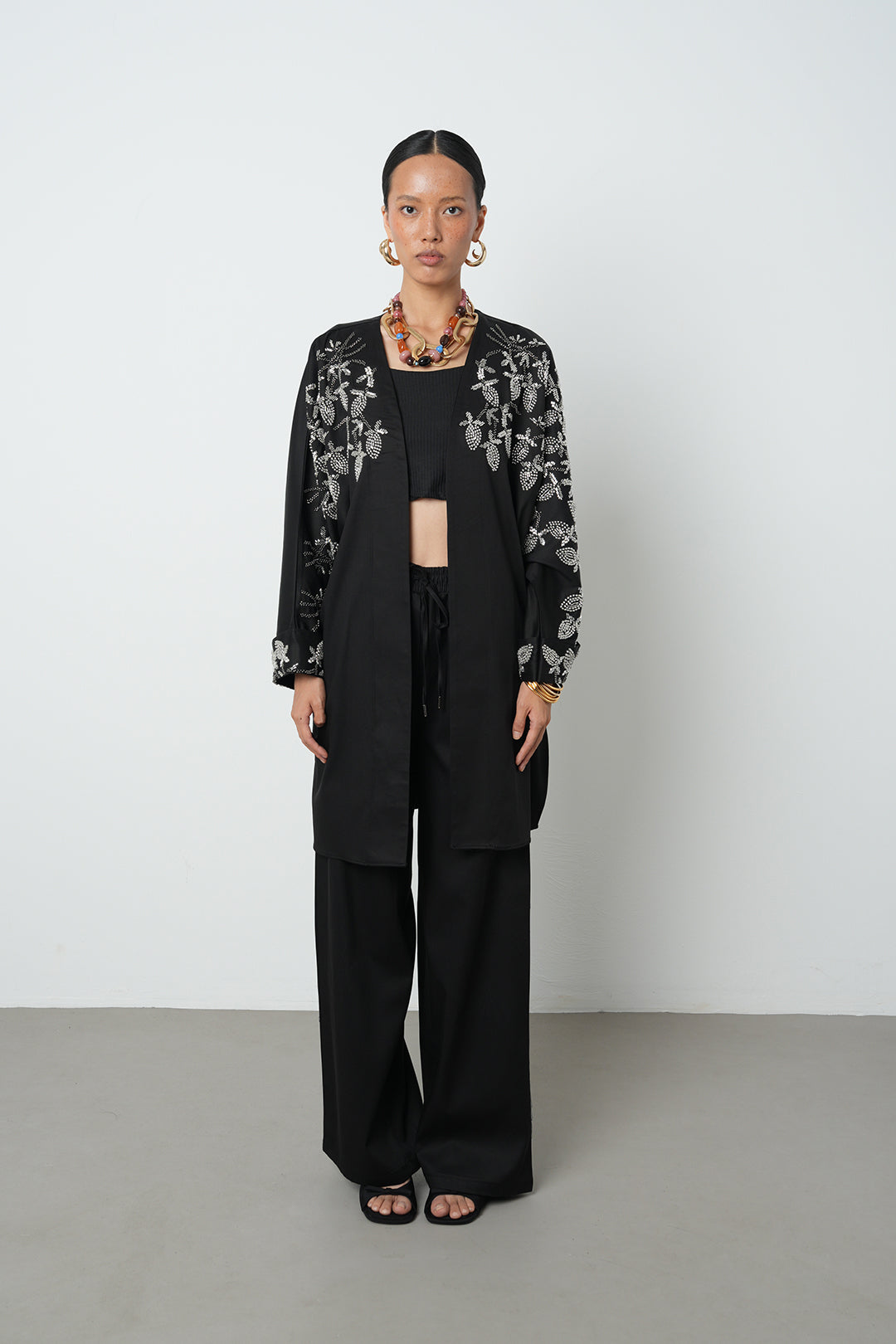 Boncuk detaylı oversize kimono, toptan kadın giyim, tesettür giyim, günlük şık kimono