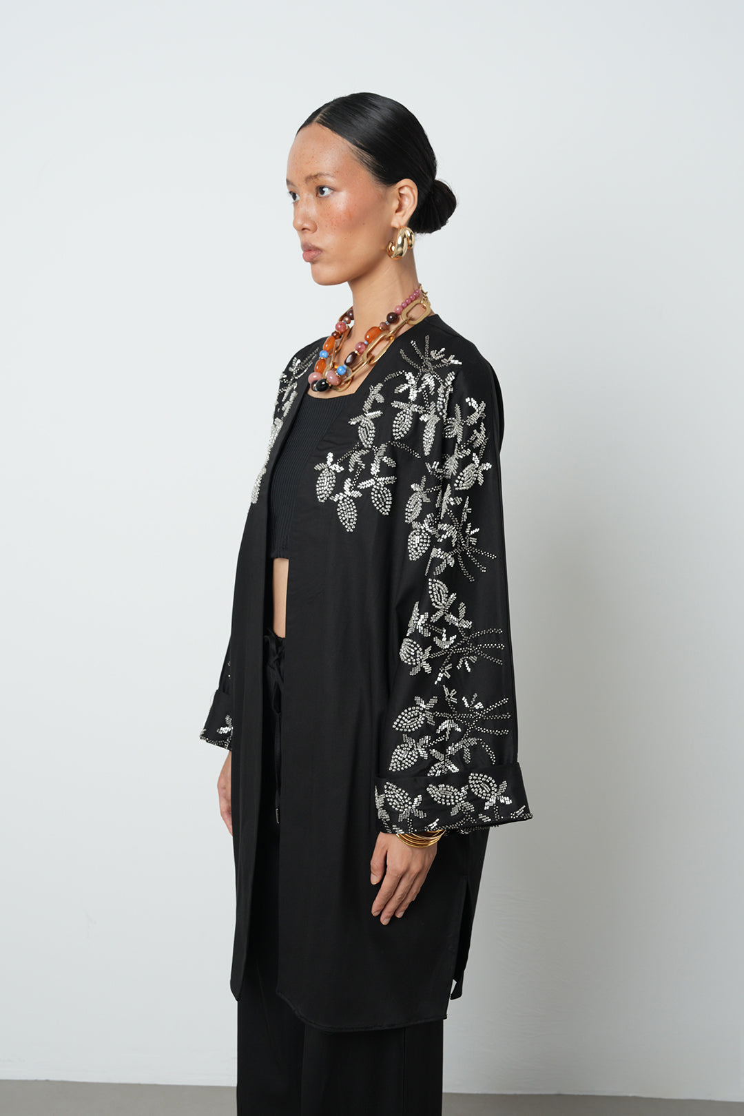 Boncuk detaylı oversize kimono, toptan kadın giyim, tesettür giyim, günlük şık kimono