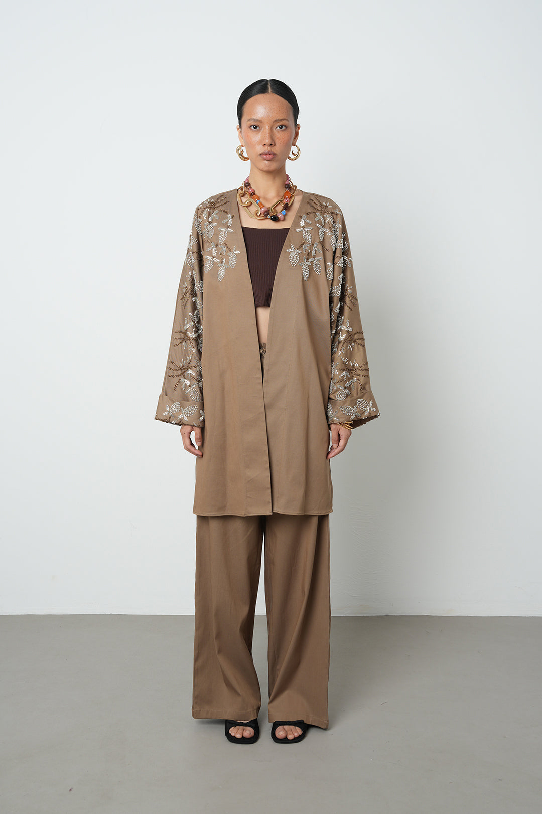 Boncuk detaylı oversize kimono, toptan kadın giyim, tesettür giyim, günlük şık kimono