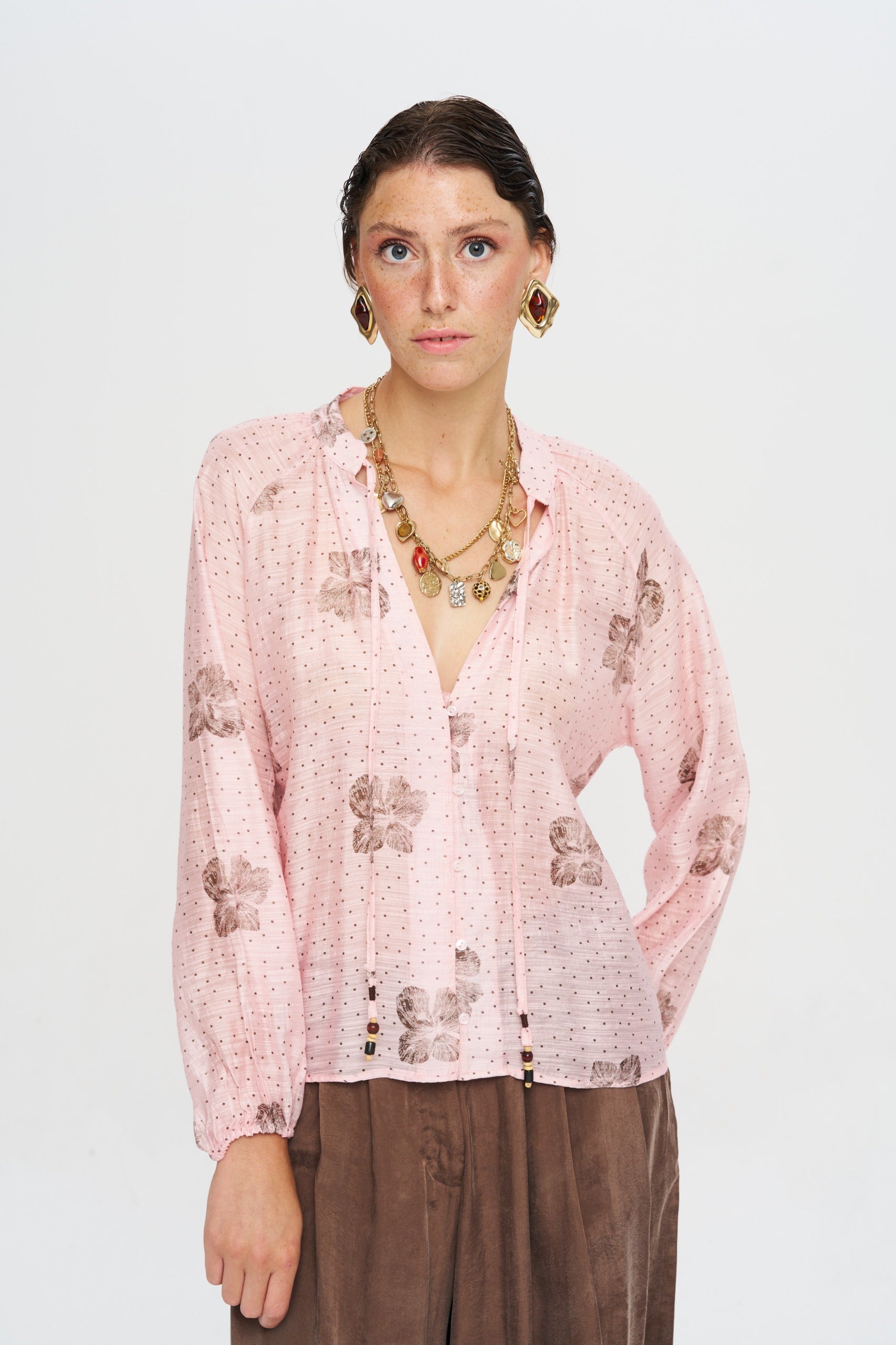 Toptan Pembe Çiçek Desenli Kadın Gömlek - Butik Yaz Koleksiyonu