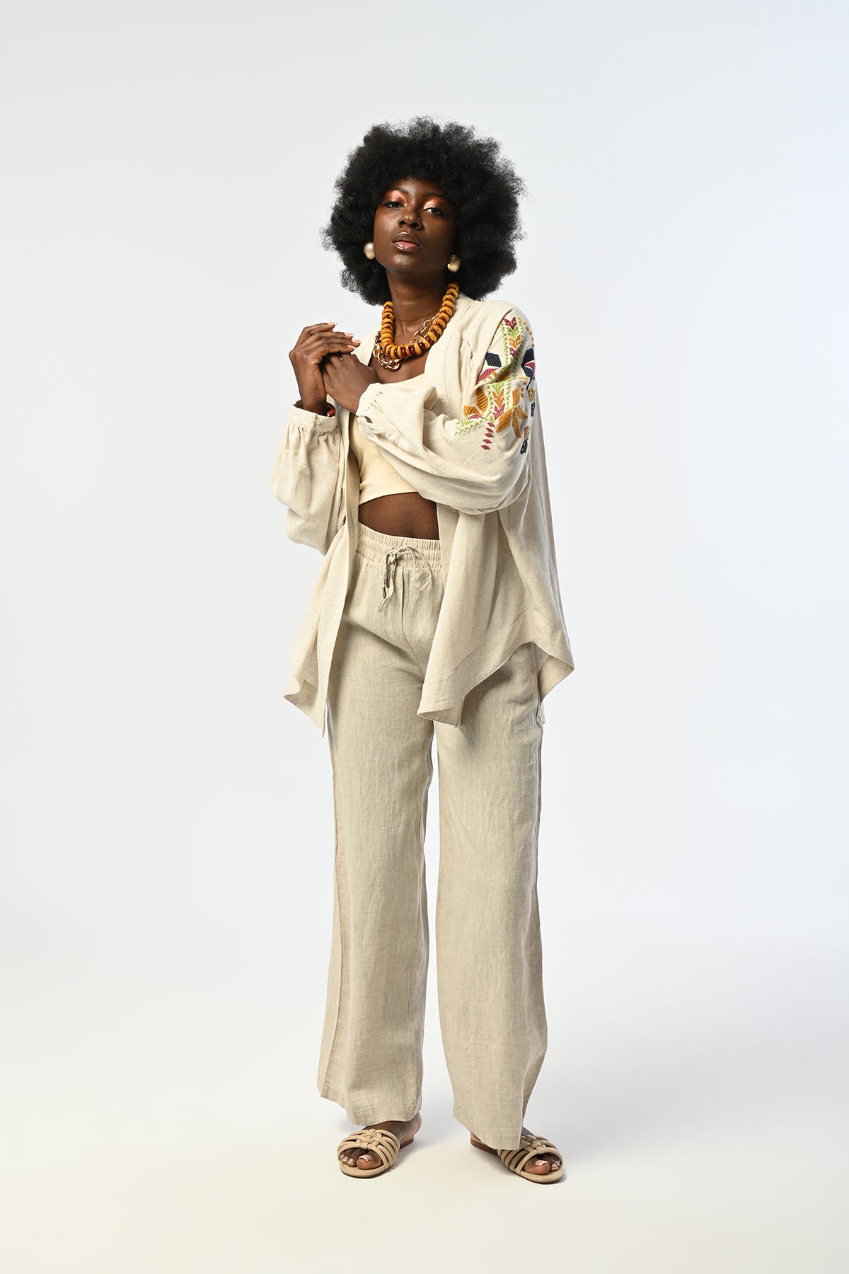 Etnik desenli nakışlı kadın keten kimono – oversize yazlık model