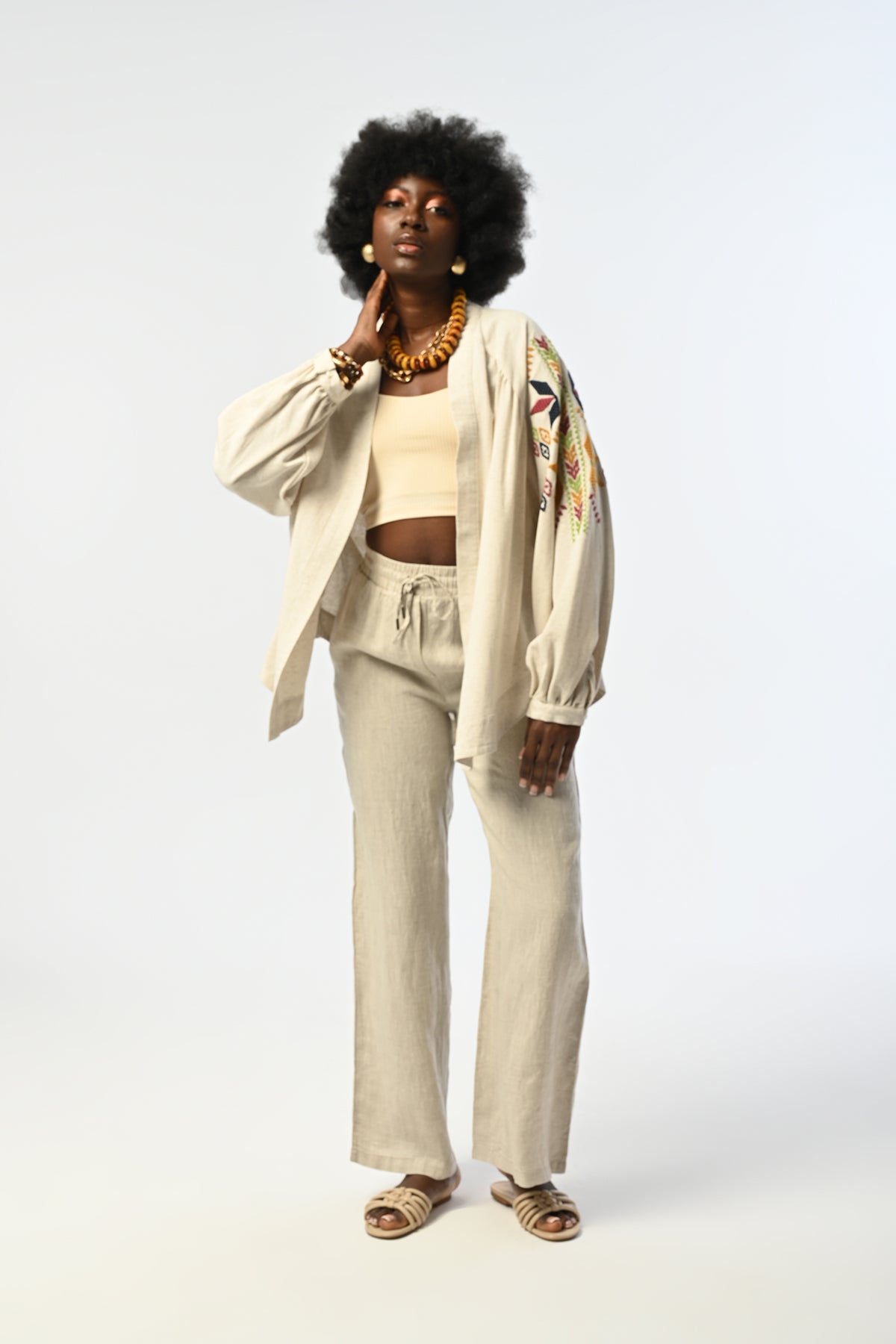 Etnik desenli nakışlı kadın keten kimono – oversize yazlık model