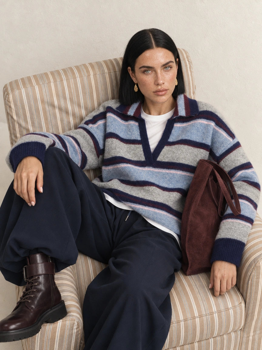 Toptan Polo Yaka Çizgili Oversize Kadın Kazak