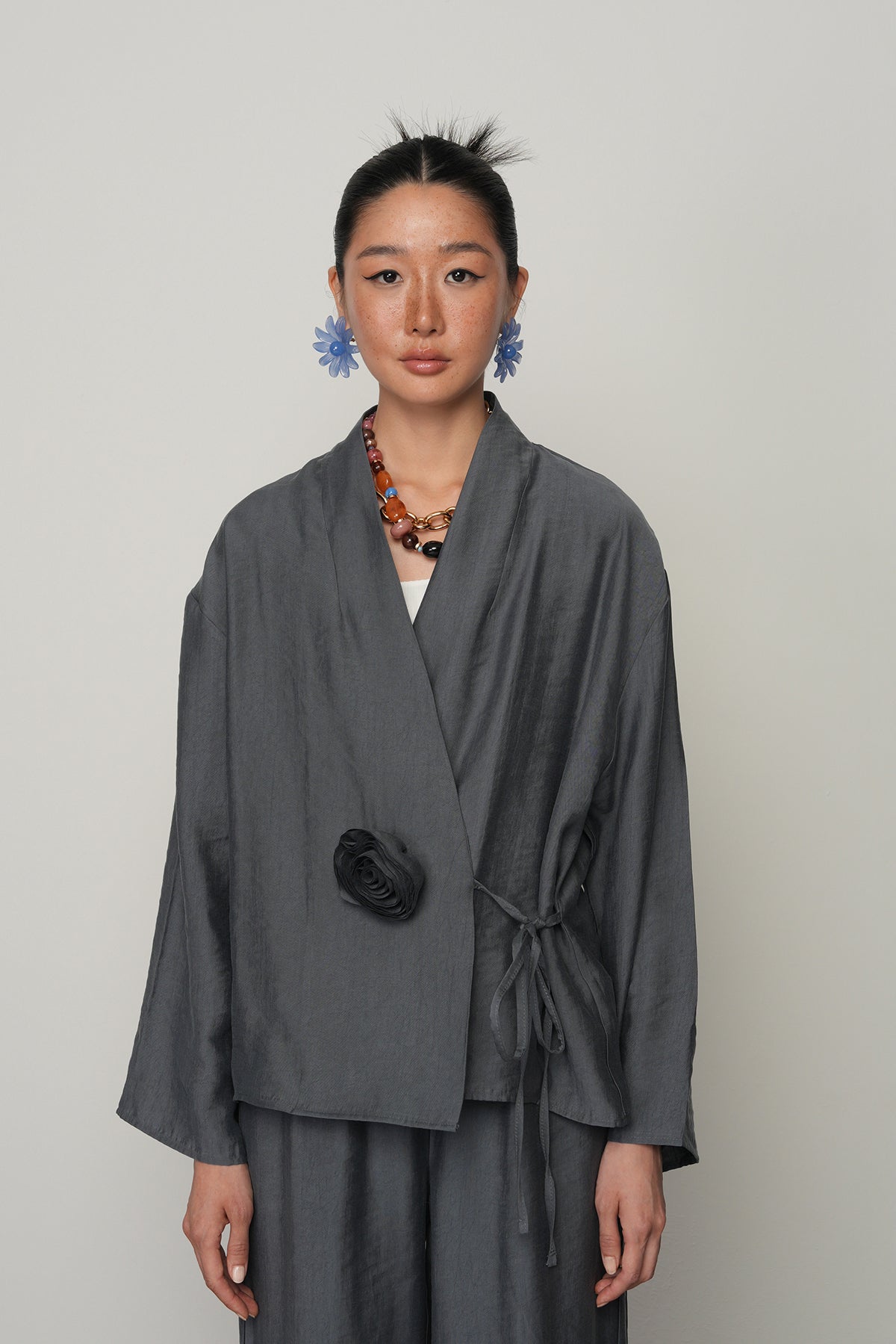 Gül detaylı yandan bağlamalı kadın kimono-ceket – toptan kadın giyim