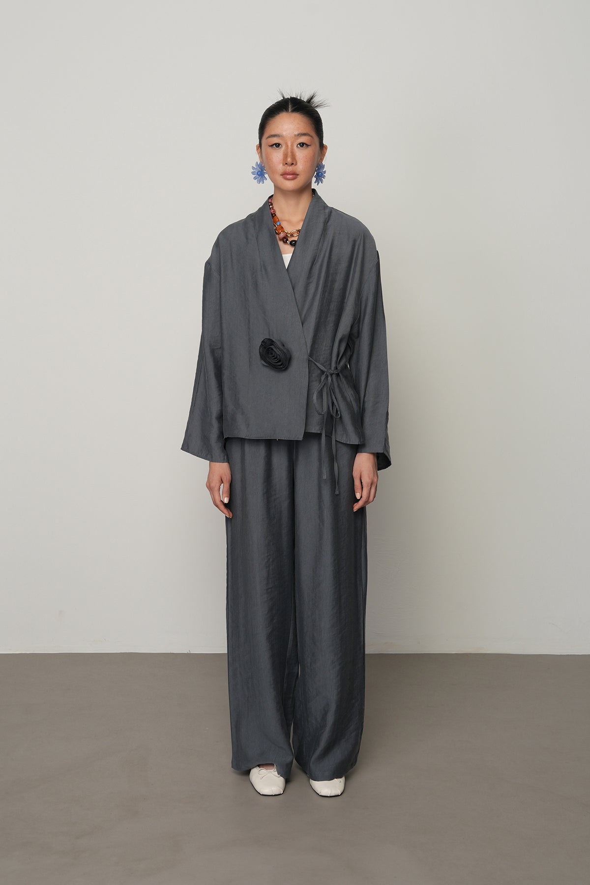 Gül detaylı yandan bağlamalı kadın kimono-ceket – toptan kadın giyim