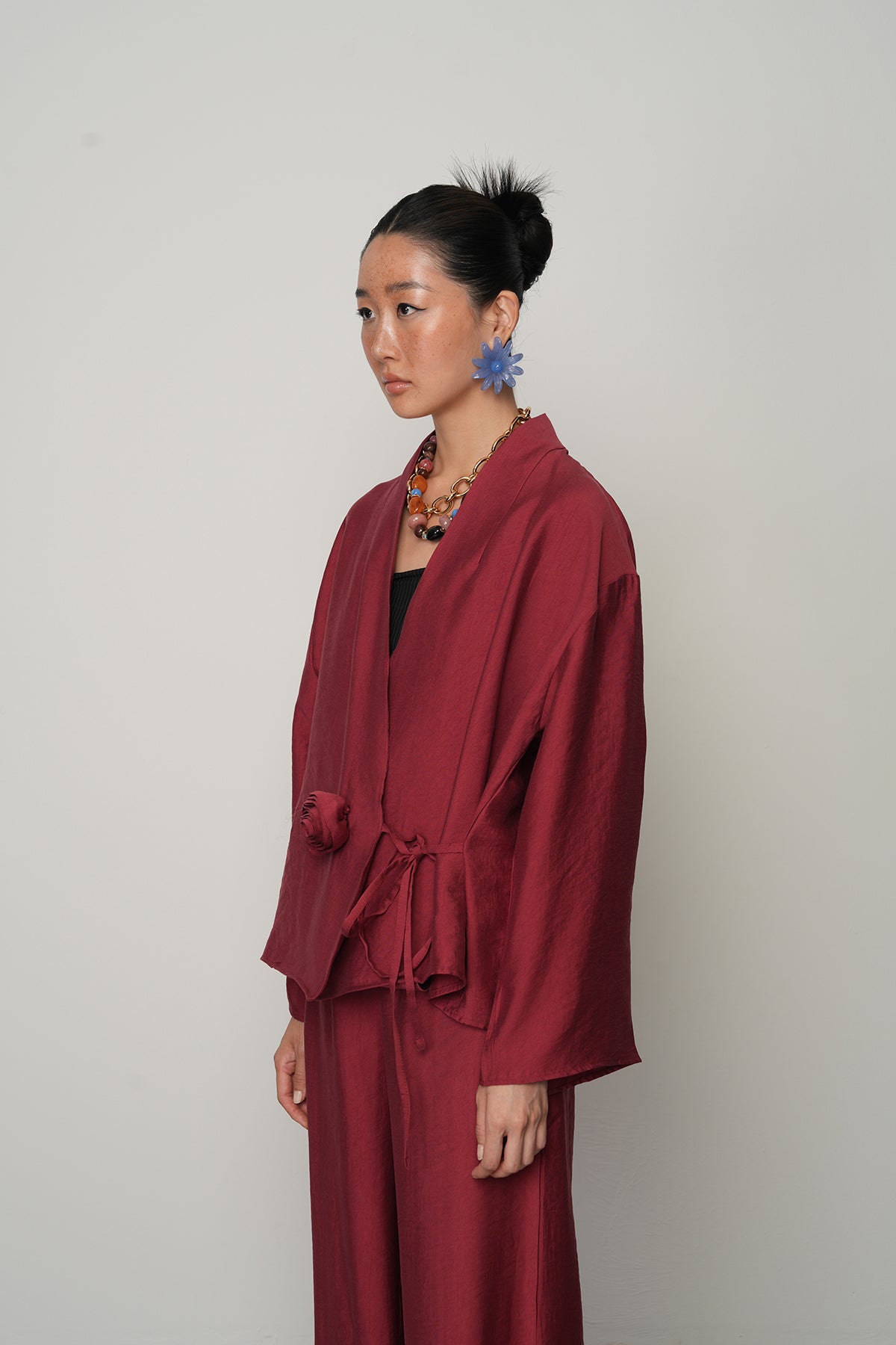 Gül detaylı yandan bağlamalı kadın kimono-ceket – toptan kadın giyim