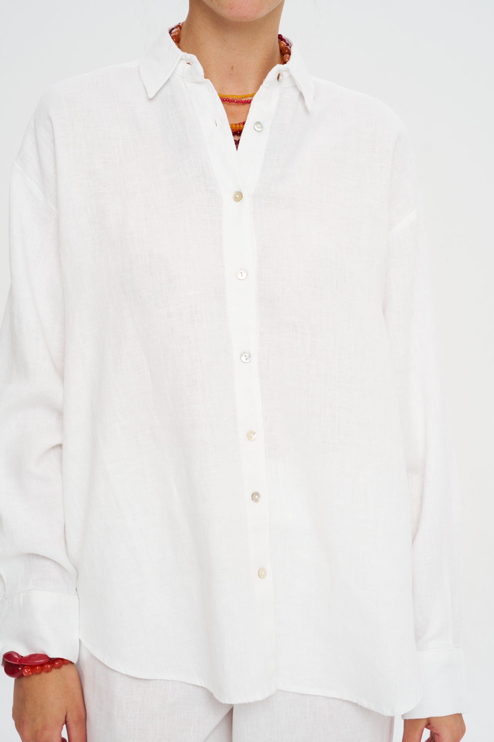 Toptan Oversize Keten Ekru Kadın Gömlek - %100 Keten