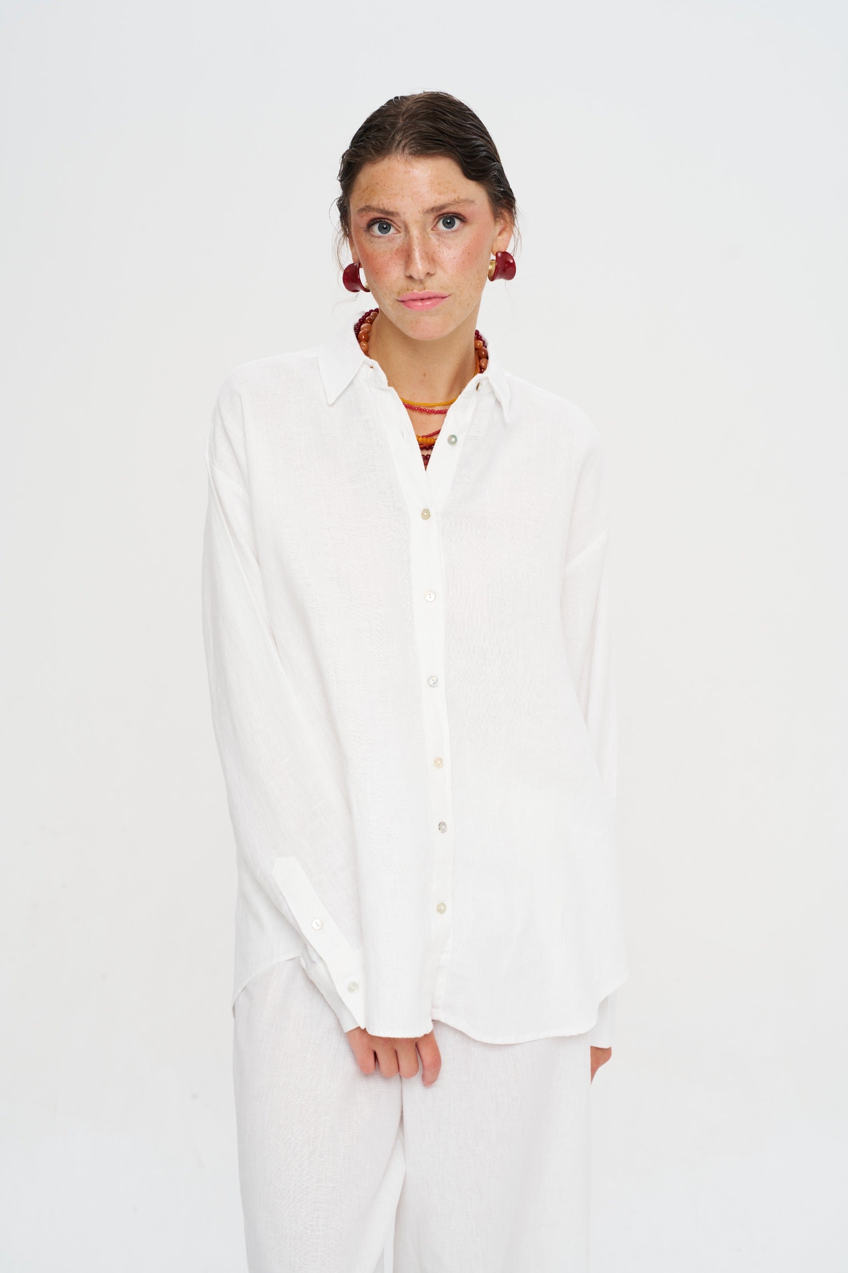Toptan Oversize Keten Ekru Kadın Gömlek - %100 Keten