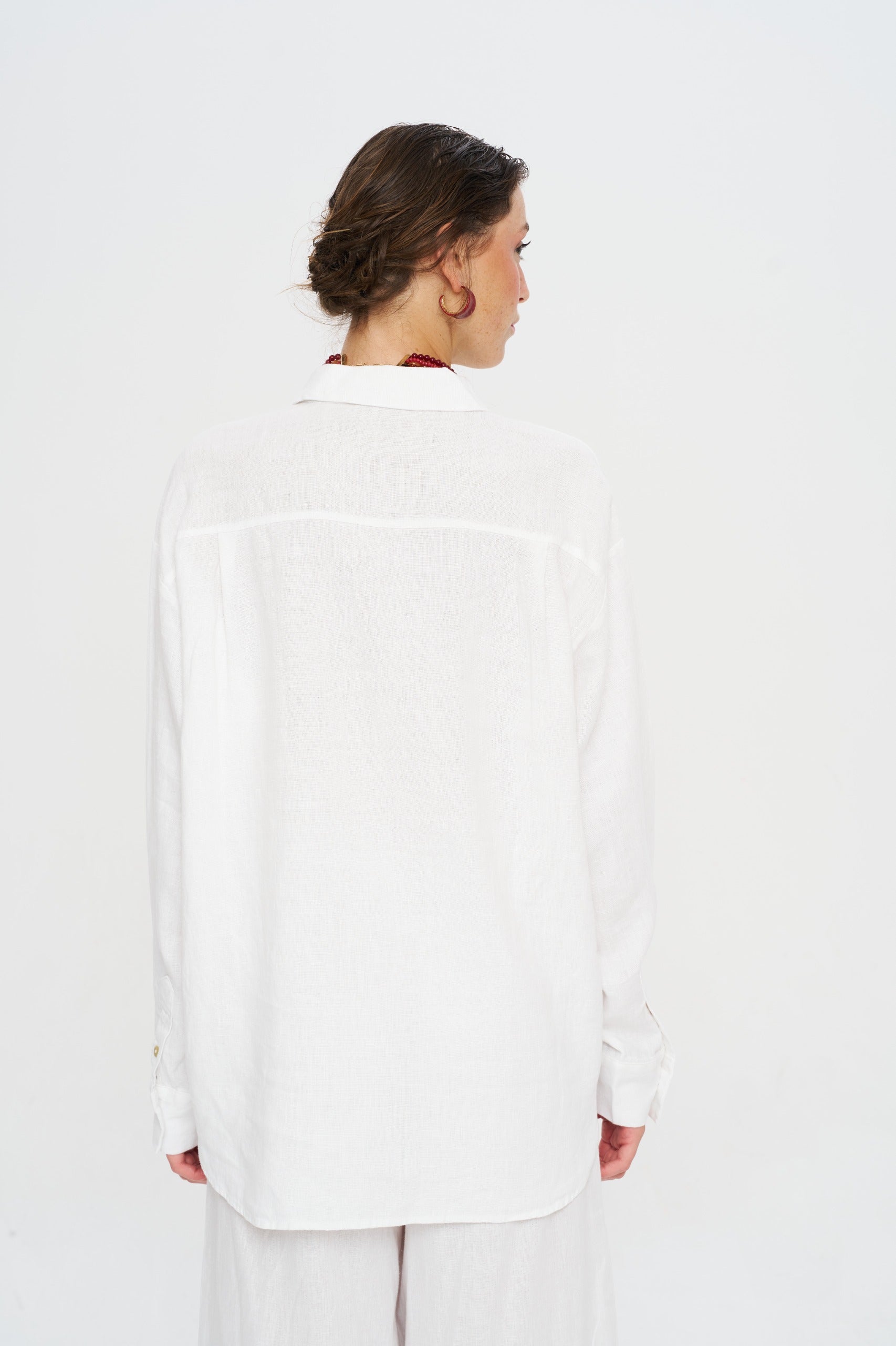 Toptan Oversize Keten Ekru Kadın Gömlek - %100 Keten