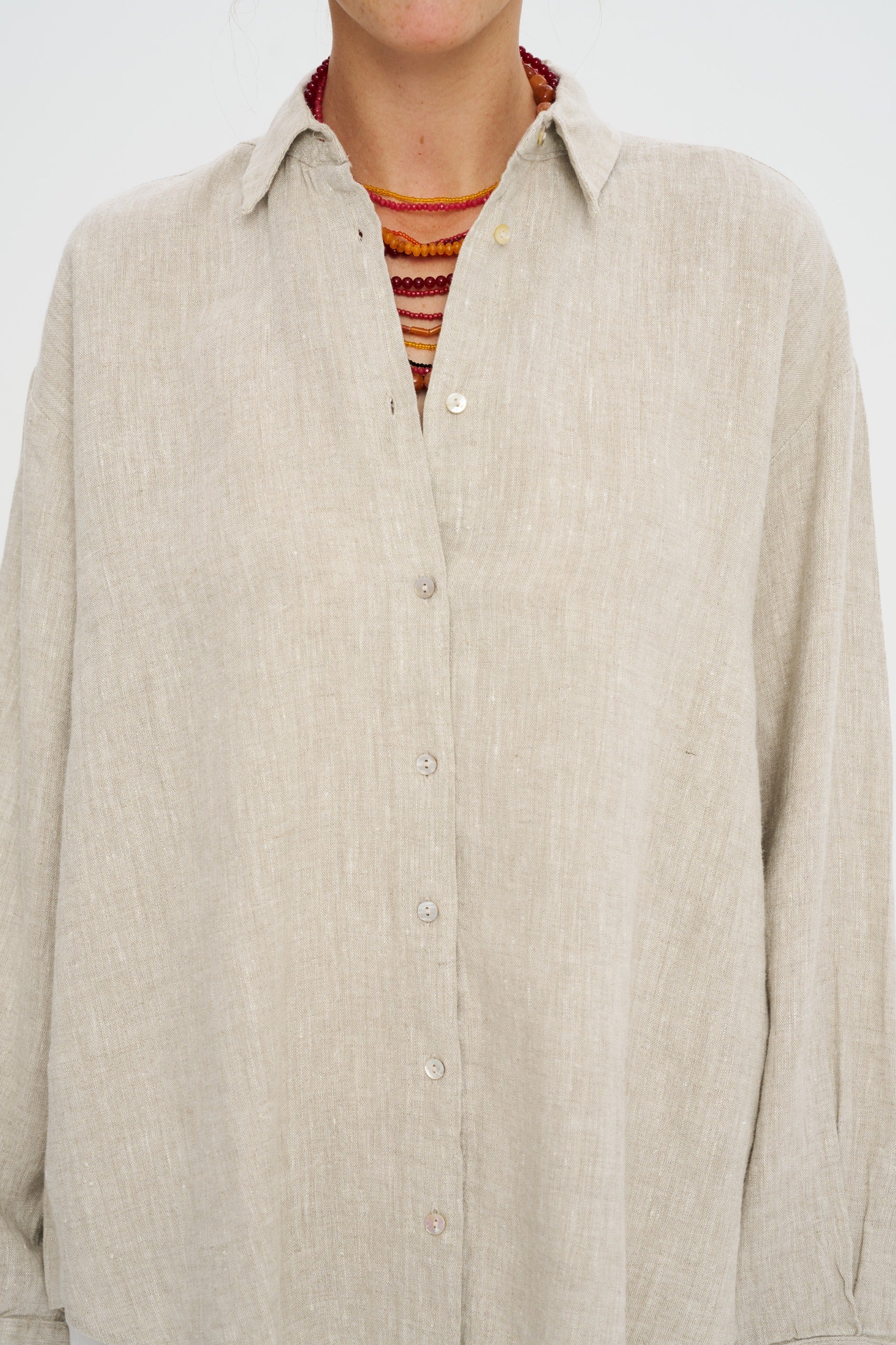 Toptan Oversize Keten Natur Kadın Gömlek - %100 Keten
