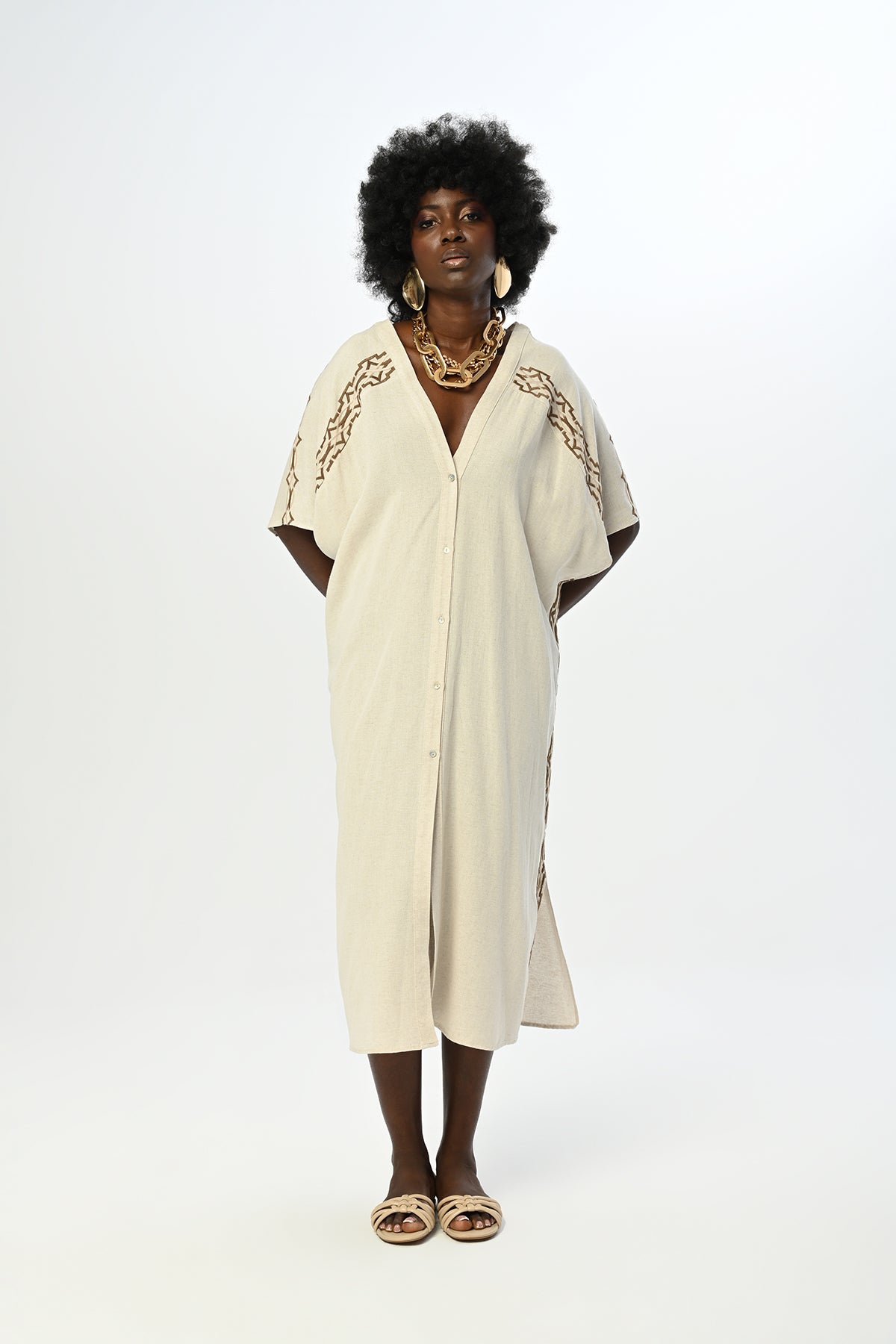 Toptan satışa uygun nakış işlemeli uzun keten kimono - oversize kadın kimono modeli