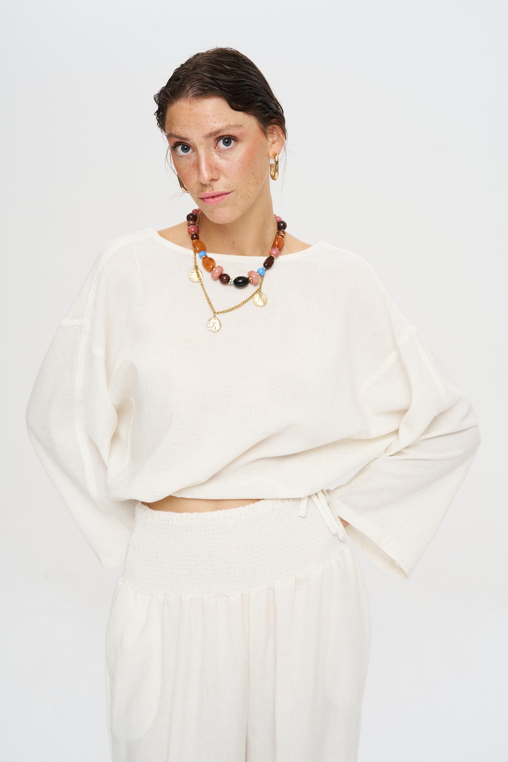 Toptan Sırtı Açık Belden İpli Ekru Bluz - Butik Yazlık Seri