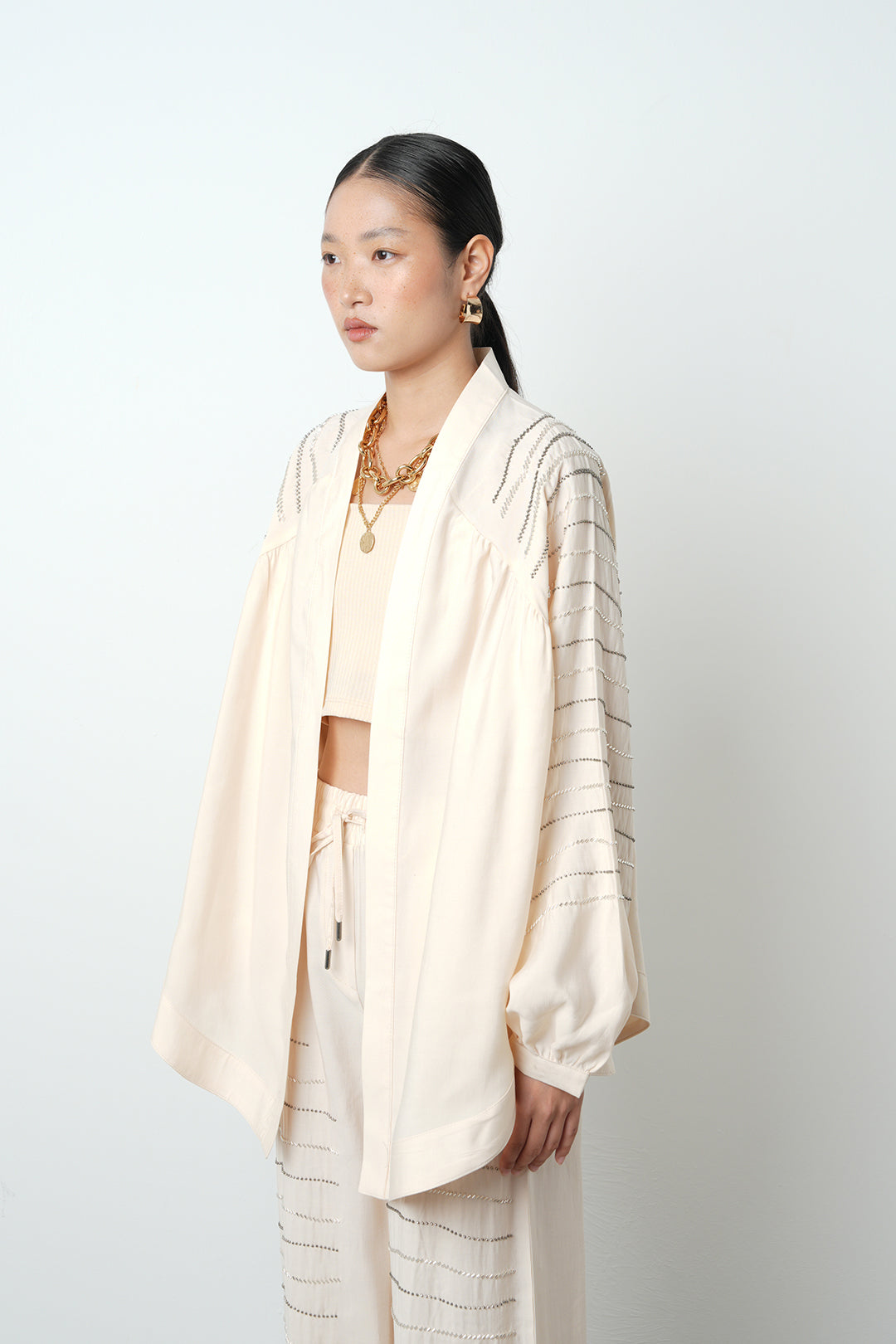 Yatay taş detaylı oversize kadın kimono – toptan kadın giyim