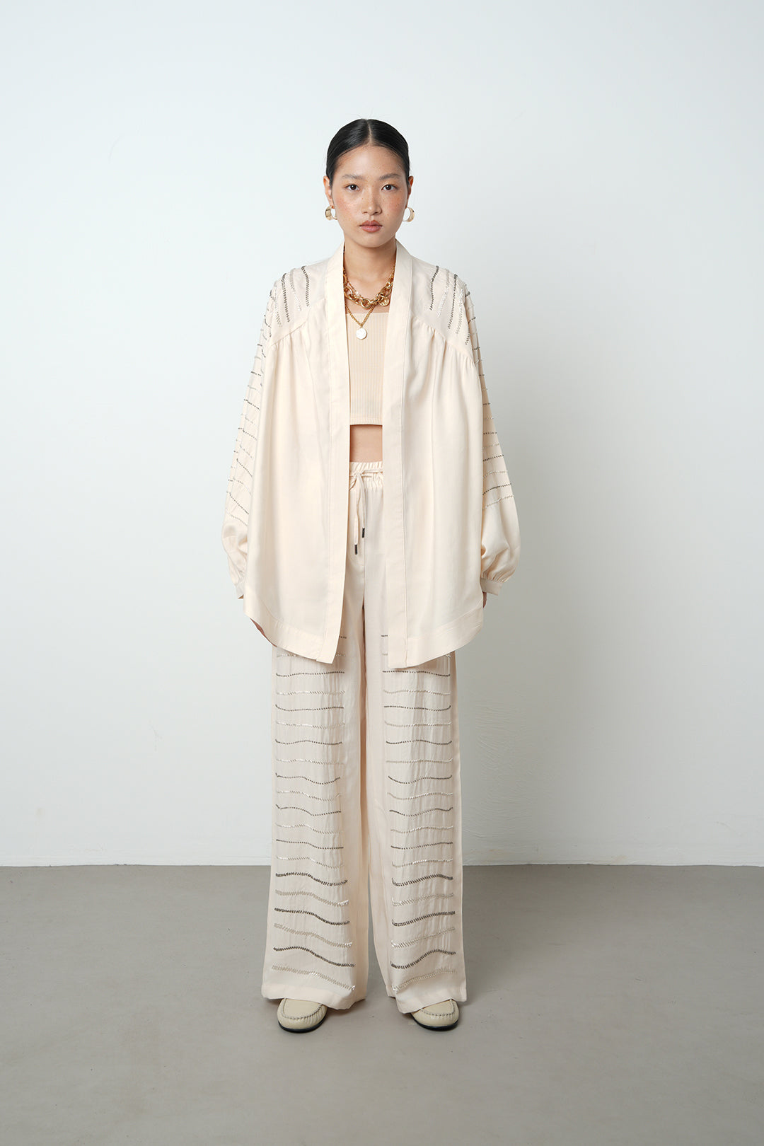 Yatay taş detaylı oversize kadın kimono – toptan kadın giyim