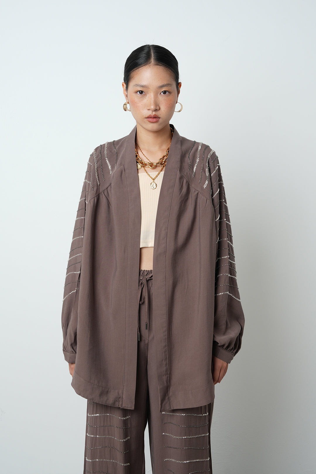 Yatay taş detaylı oversize kadın kimono – toptan kadın giyim