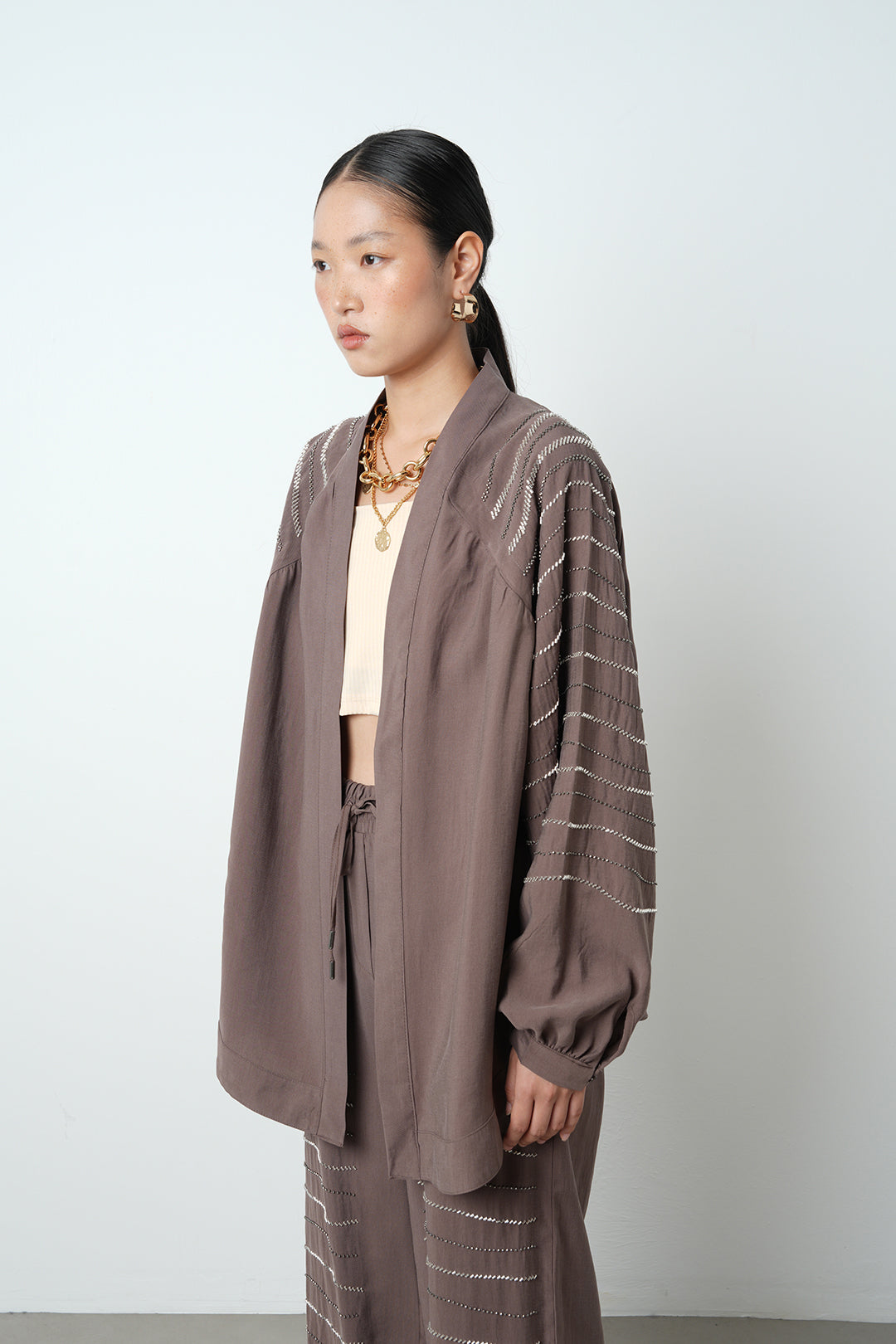 Yatay taş detaylı oversize kadın kimono – toptan kadın giyim