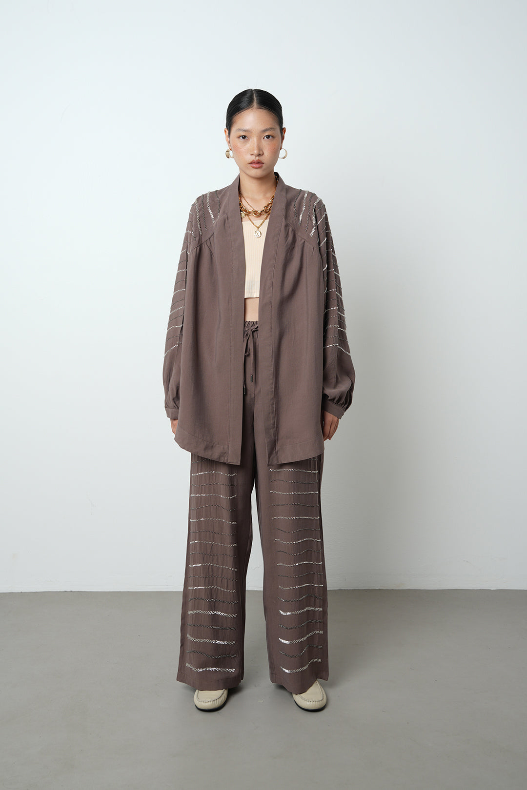 Yatay taş detaylı oversize kadın kimono – toptan kadın giyim