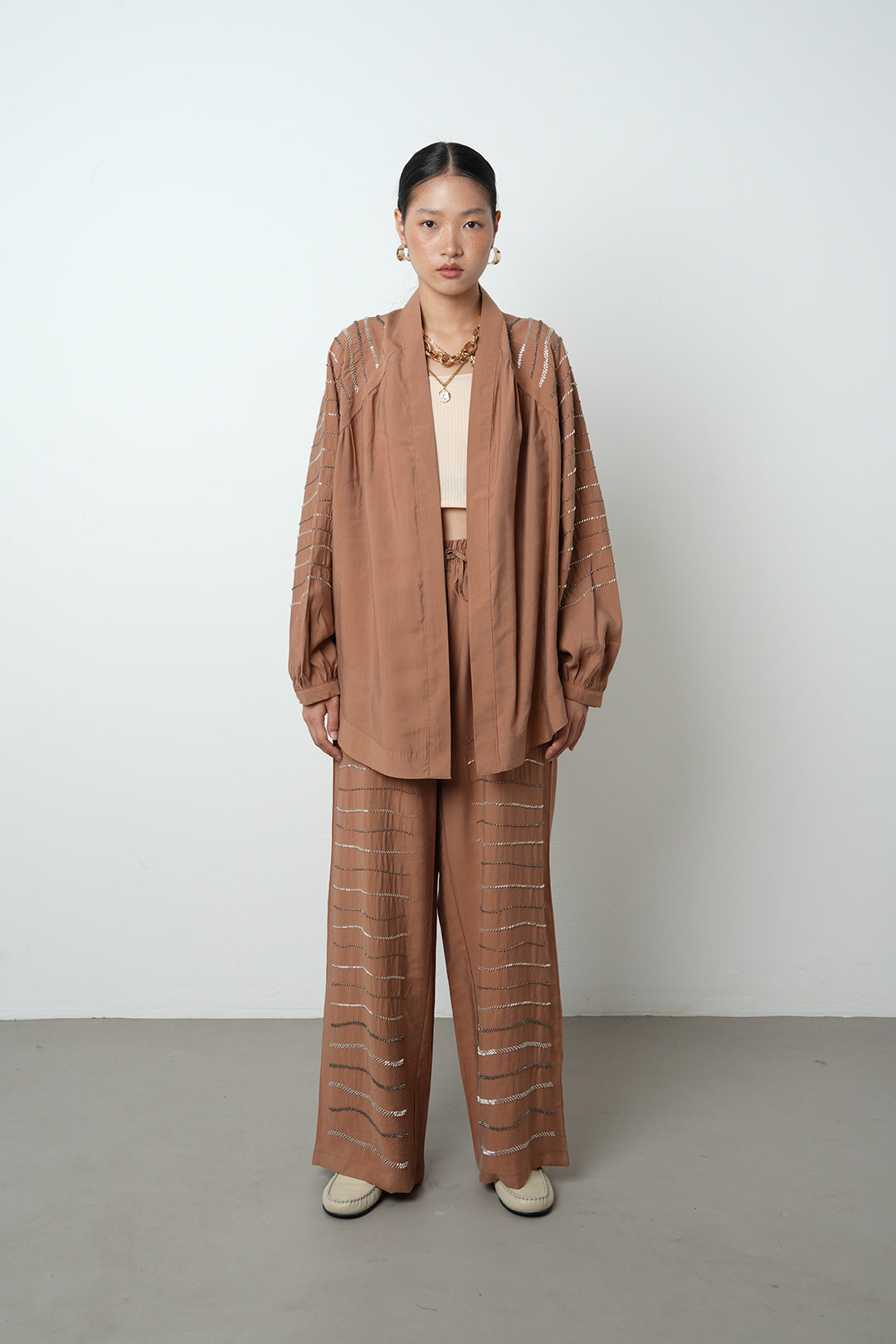 Yatay taş detaylı oversize kadın kimono – toptan kadın giyim