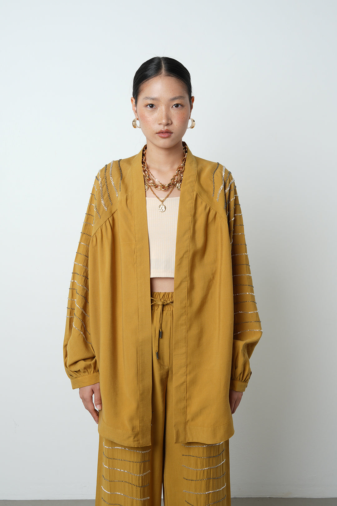 Yatay taş detaylı oversize kadın kimono – toptan kadın giyim