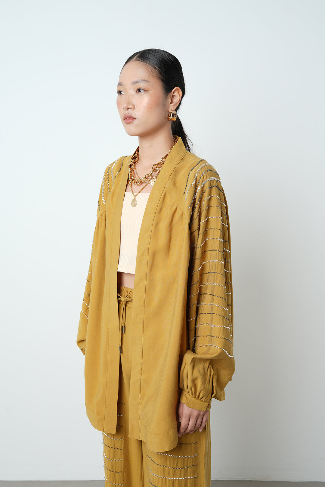 Yatay taş detaylı oversize kadın kimono – toptan kadın giyim