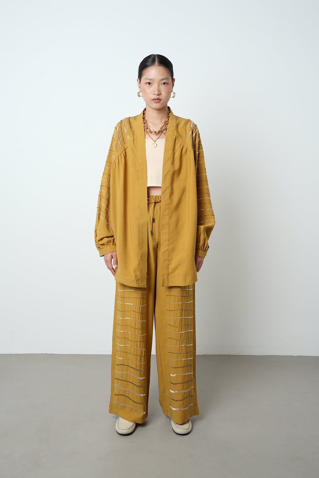 Yatay taş detaylı oversize kadın kimono – toptan kadın giyim