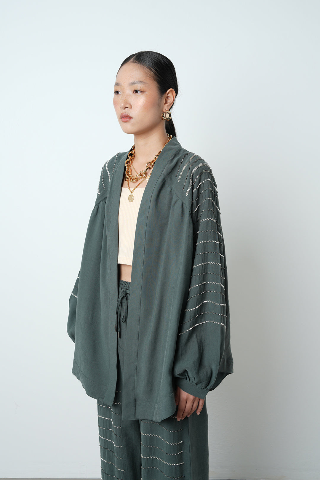 Yatay taş detaylı oversize kadın kimono – toptan kadın giyim