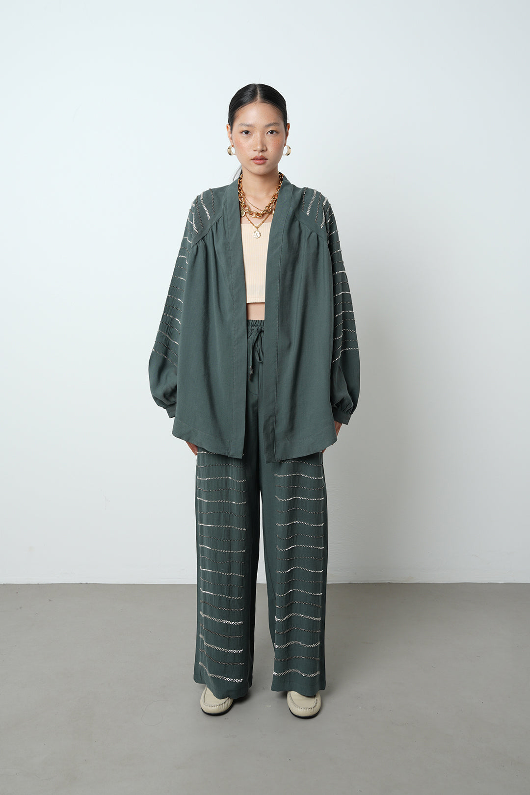 Yatay taş detaylı oversize kadın kimono – toptan kadın giyim
