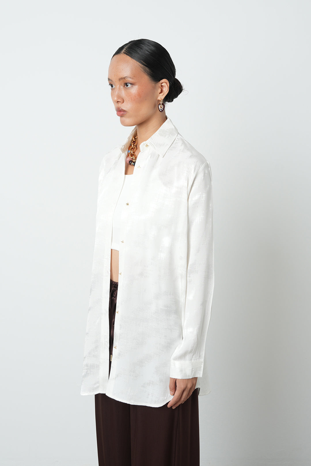 Wholesale White Jacquard Oversize Women's Shirt - 34697
