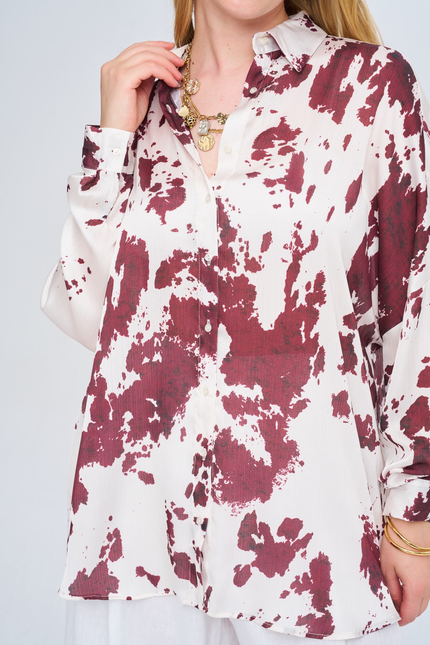 Toptan Kadın Desenli Oversize Bordo Gömlek