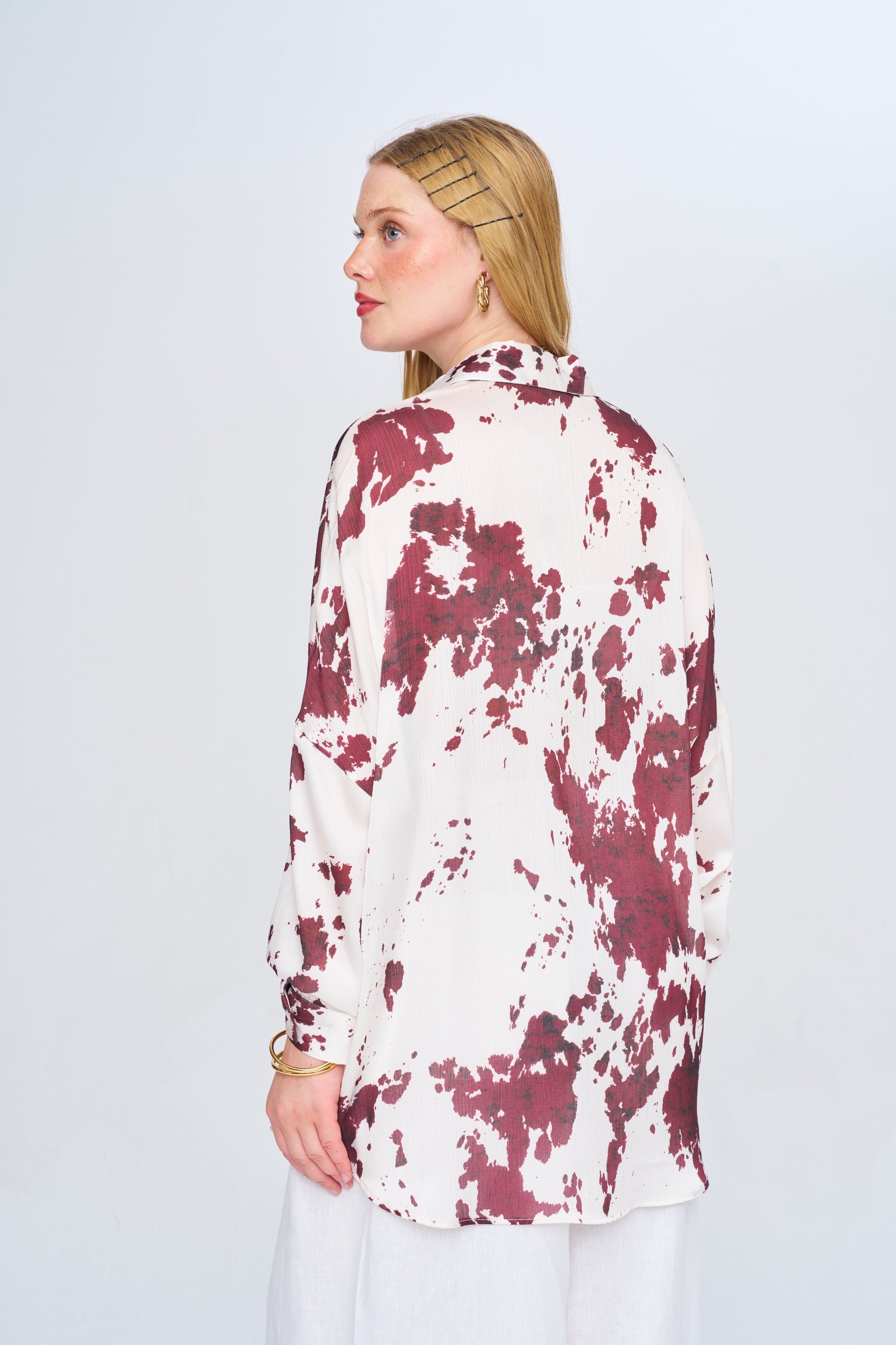 Toptan Kadın Desenli Oversize Bordo Gömlek