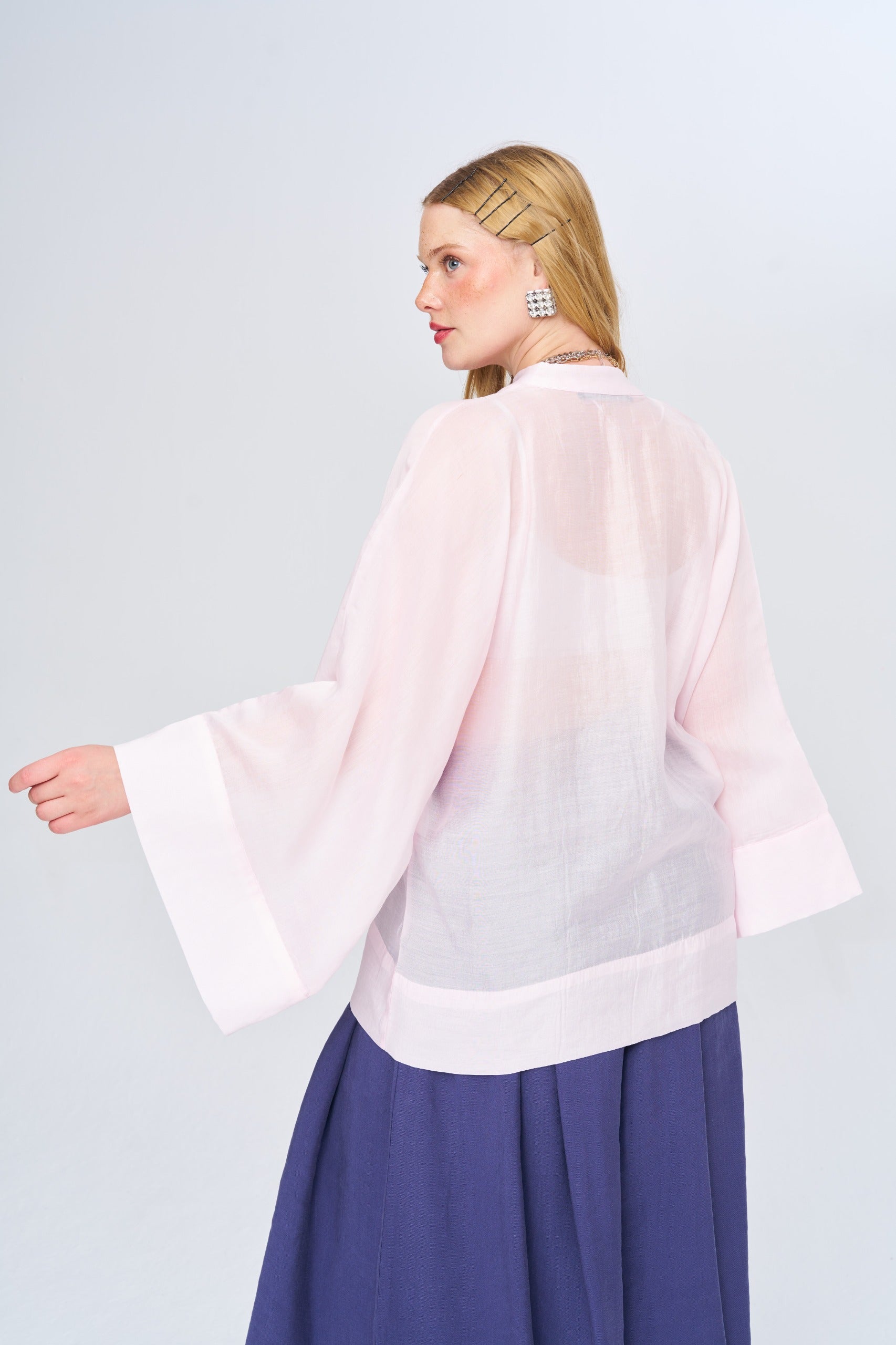Toptan Kadın Çin Yaka Pudra Oversize Kimono