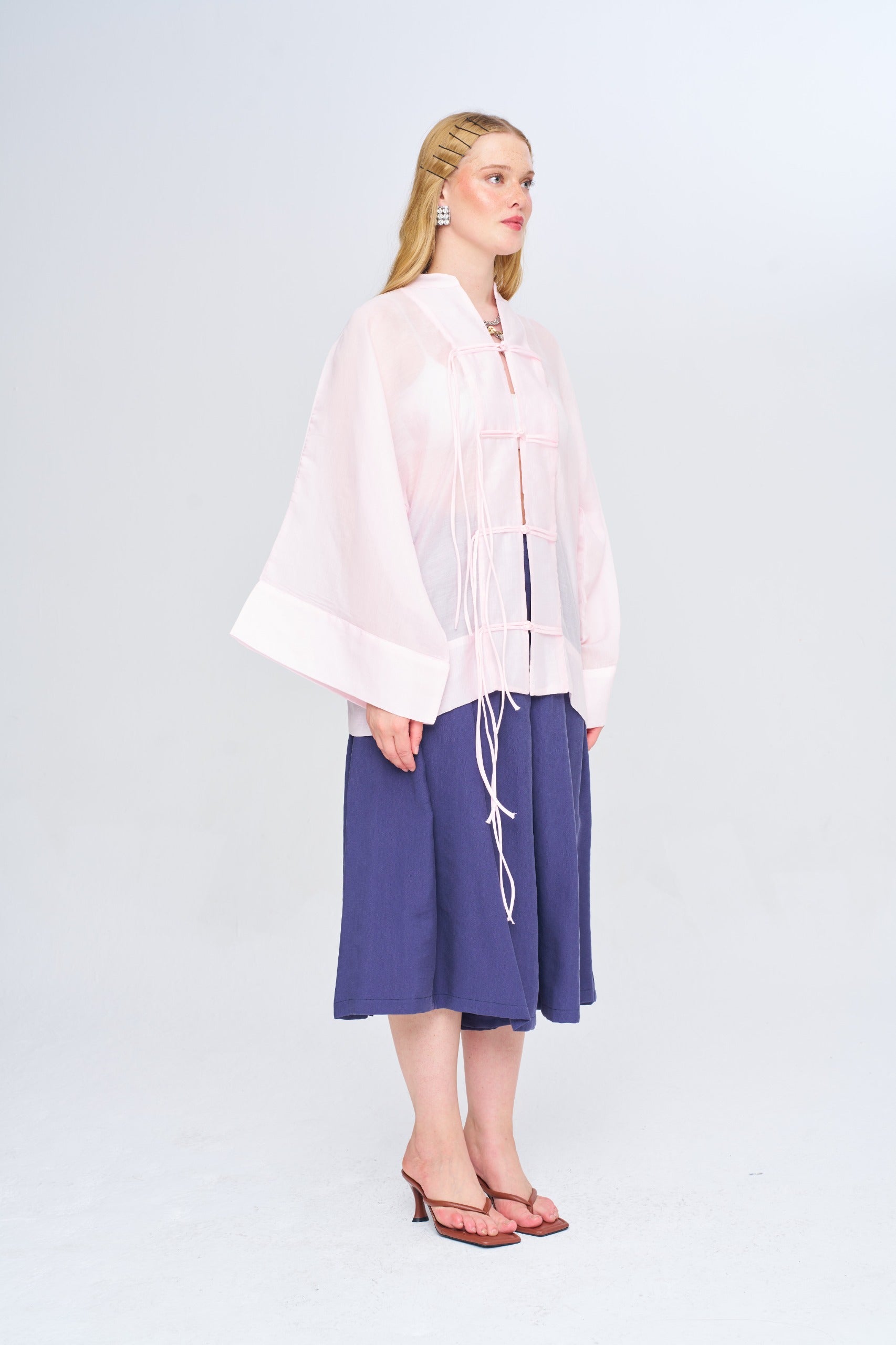 Toptan Kadın Çin Yaka Pudra Oversize Kimono