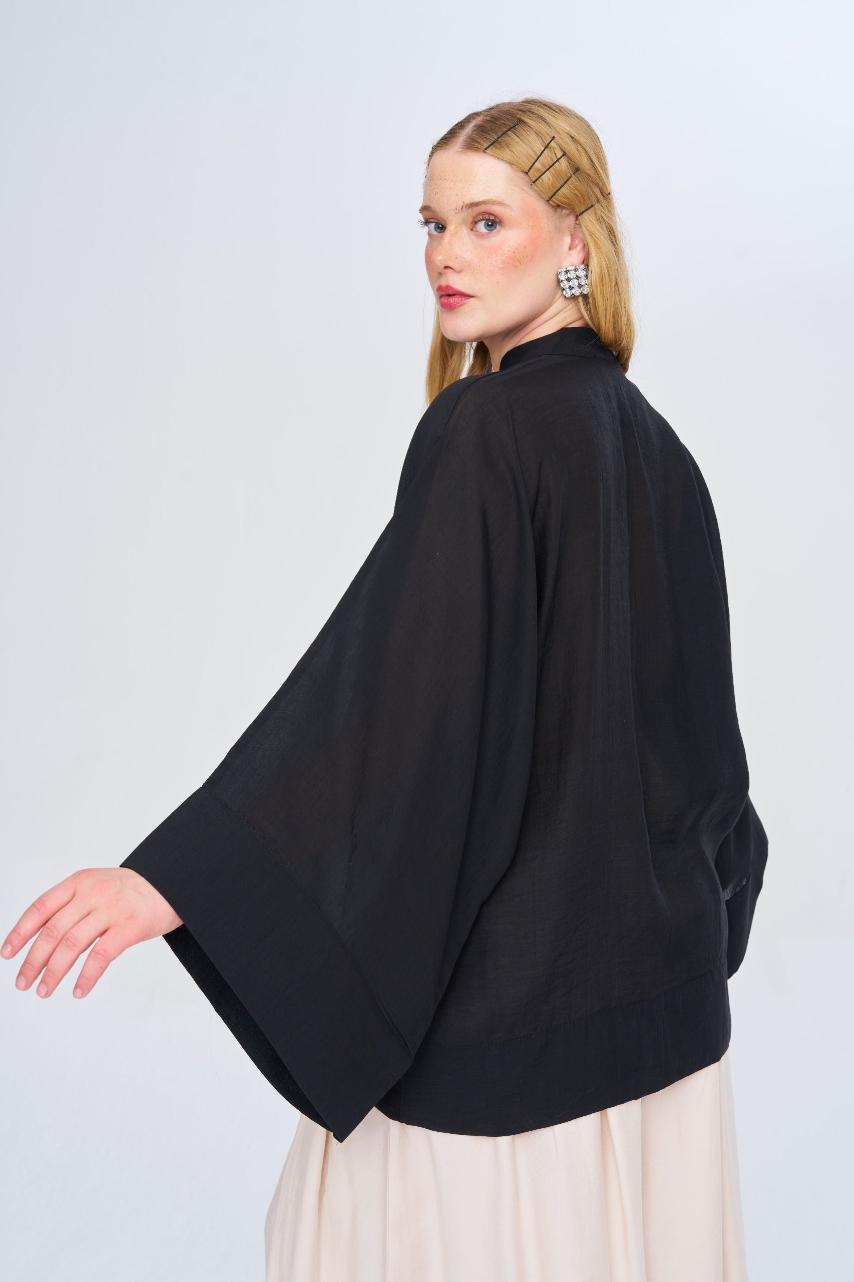 Toptan Kadın Çin Yaka Siyah Oversize Kimono