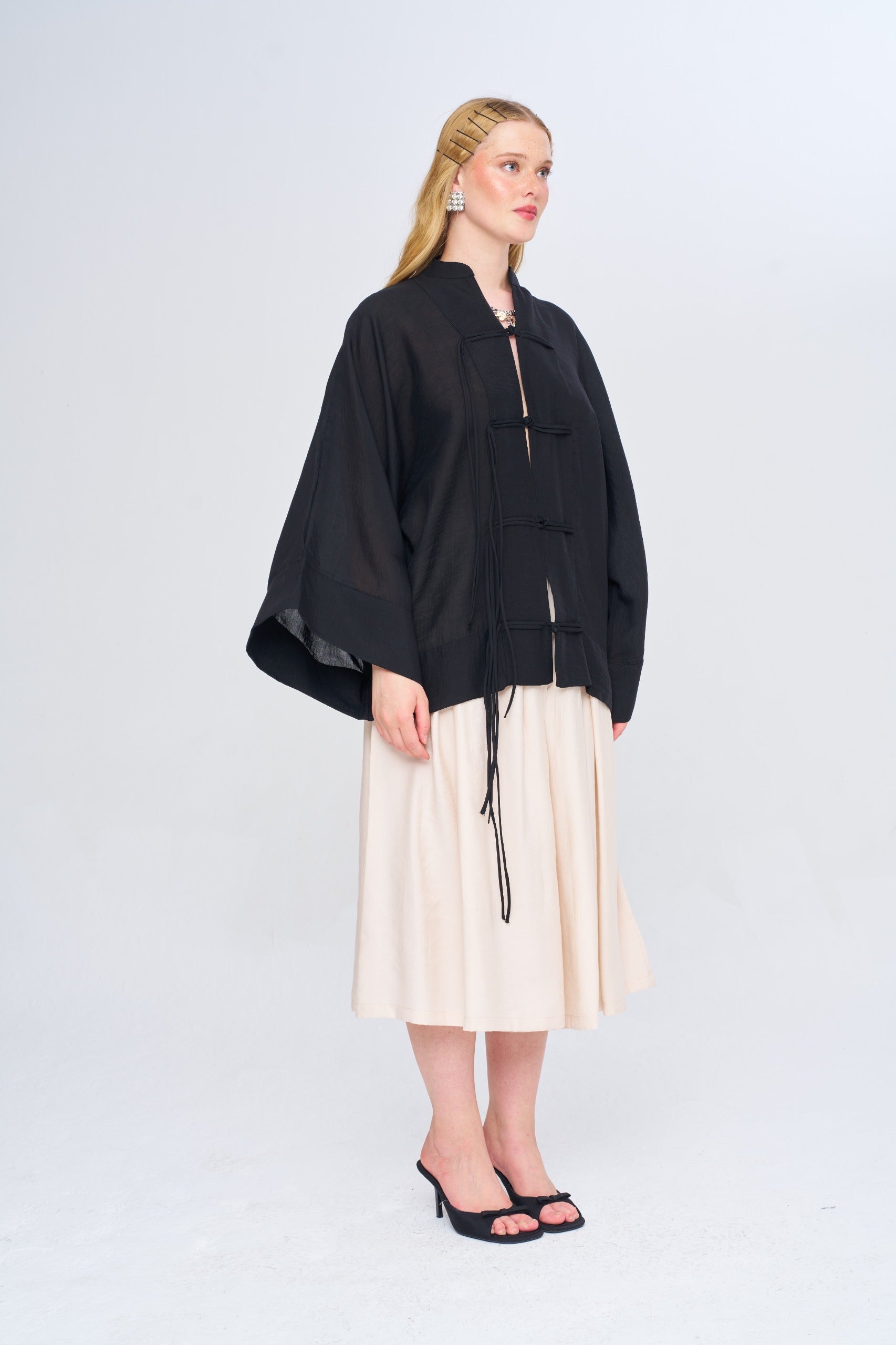 Toptan Kadın Çin Yaka Siyah Oversize Kimono