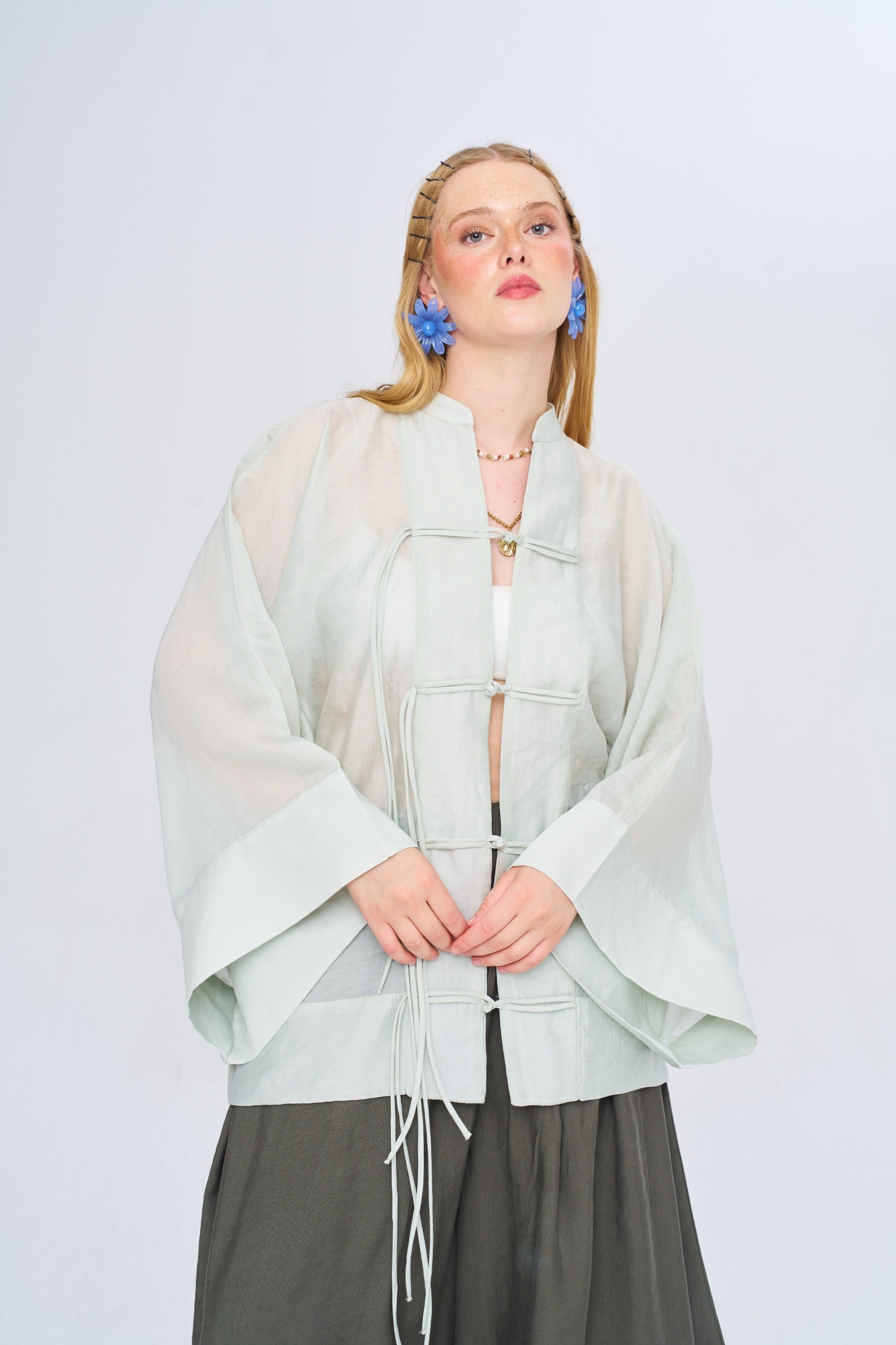 Toptan Kadın Çin Yaka Mint Oversize Kimono