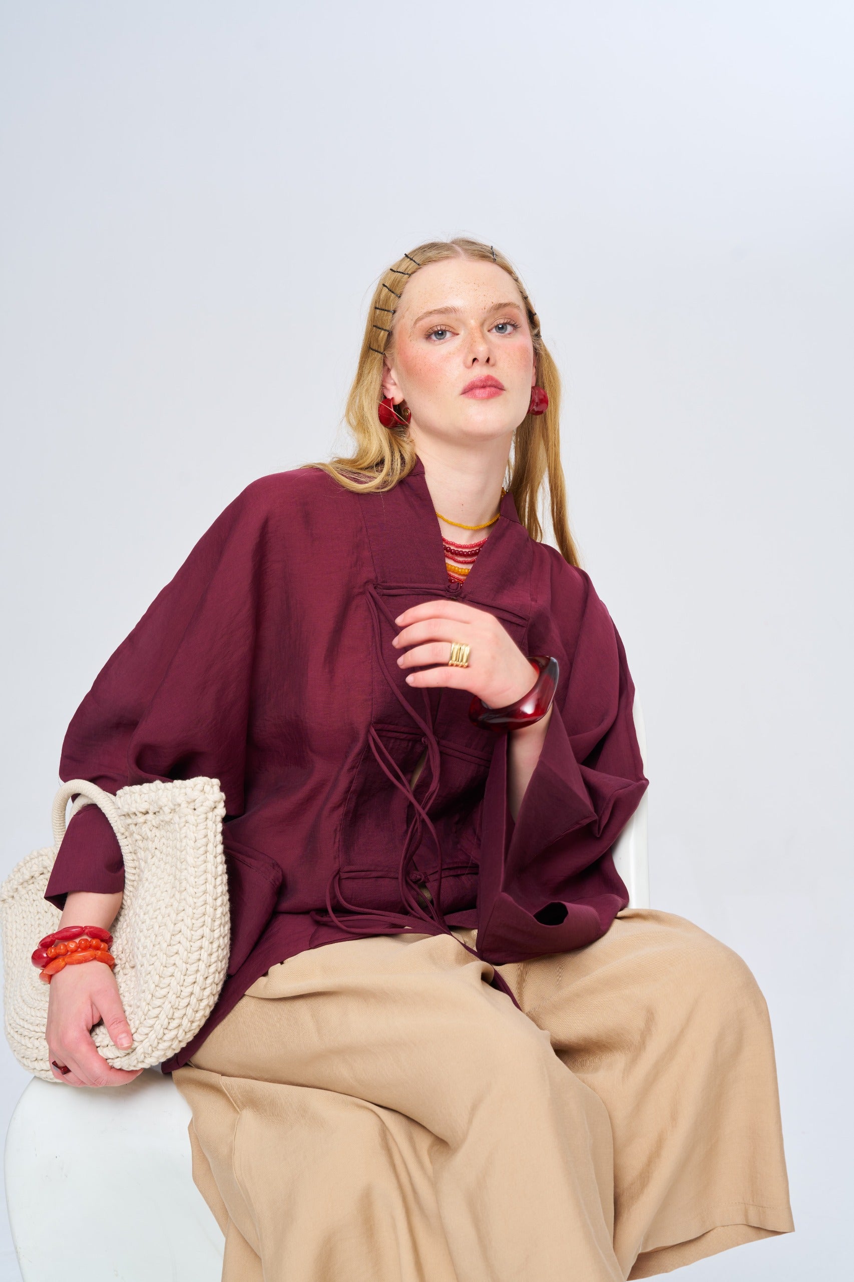 Toptan Kadın Çin Yaka Bordo Oversize Kimono