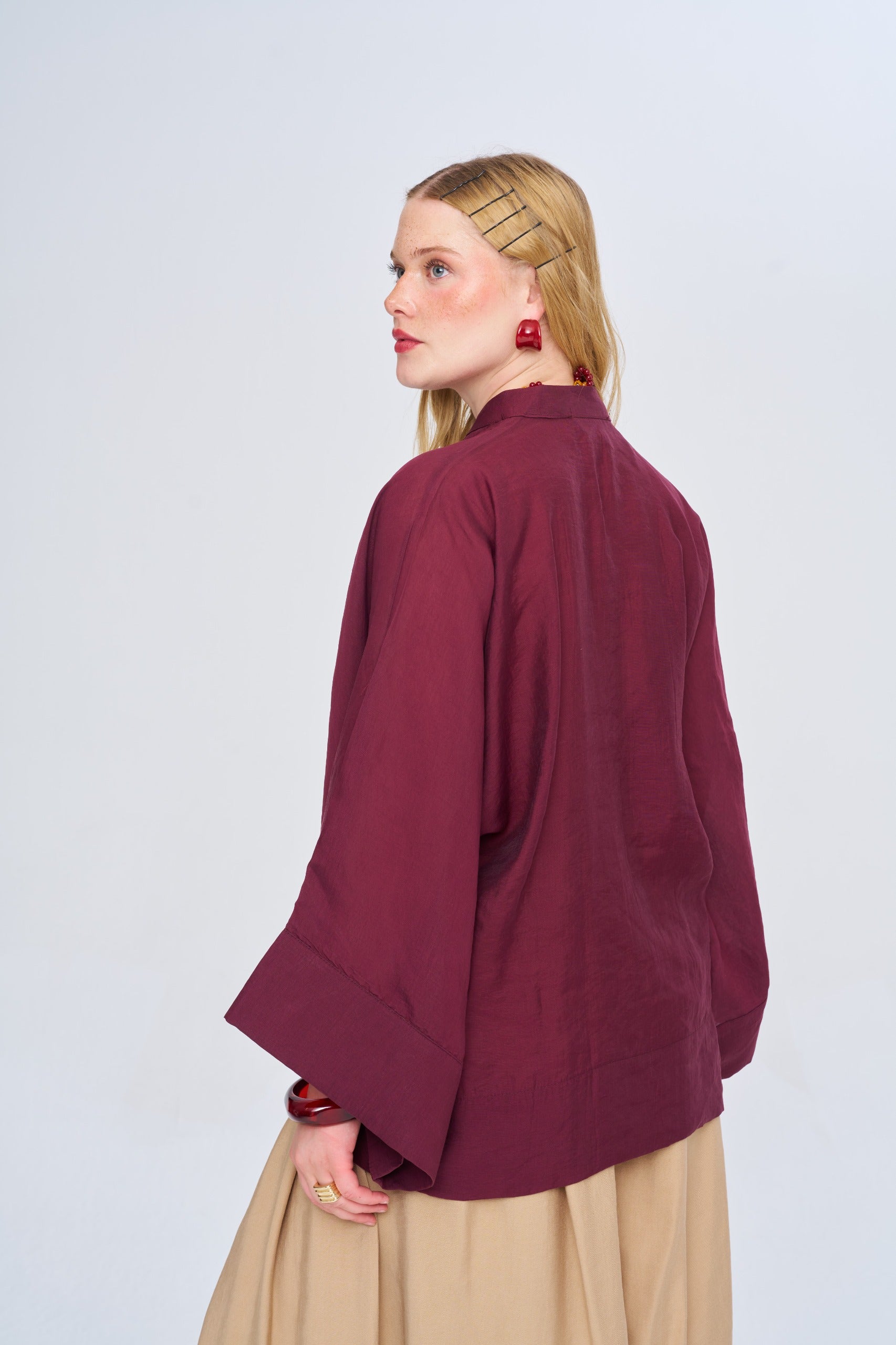 Toptan Kadın Çin Yaka Bordo Oversize Kimono