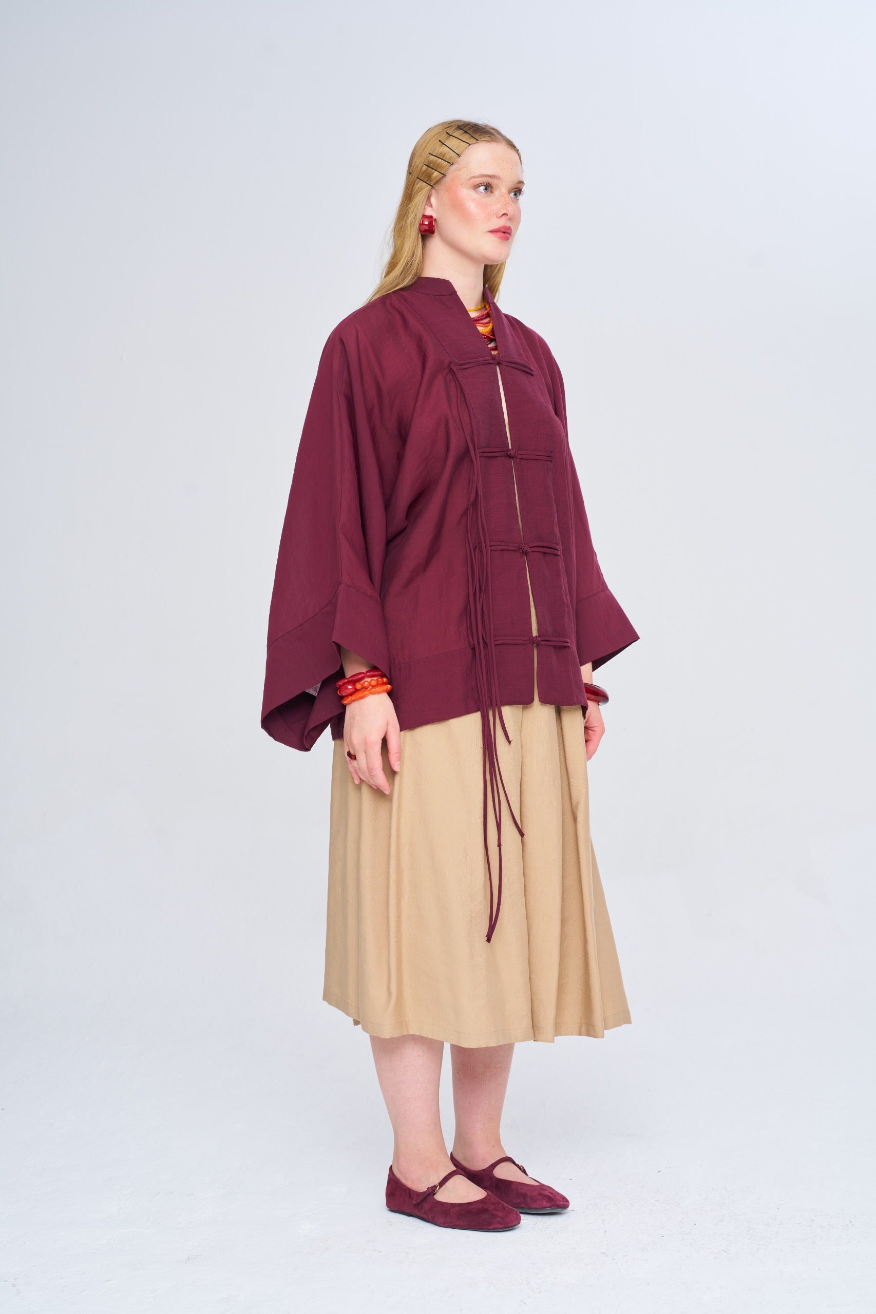 Toptan Kadın Çin Yaka Bordo Oversize Kimono
