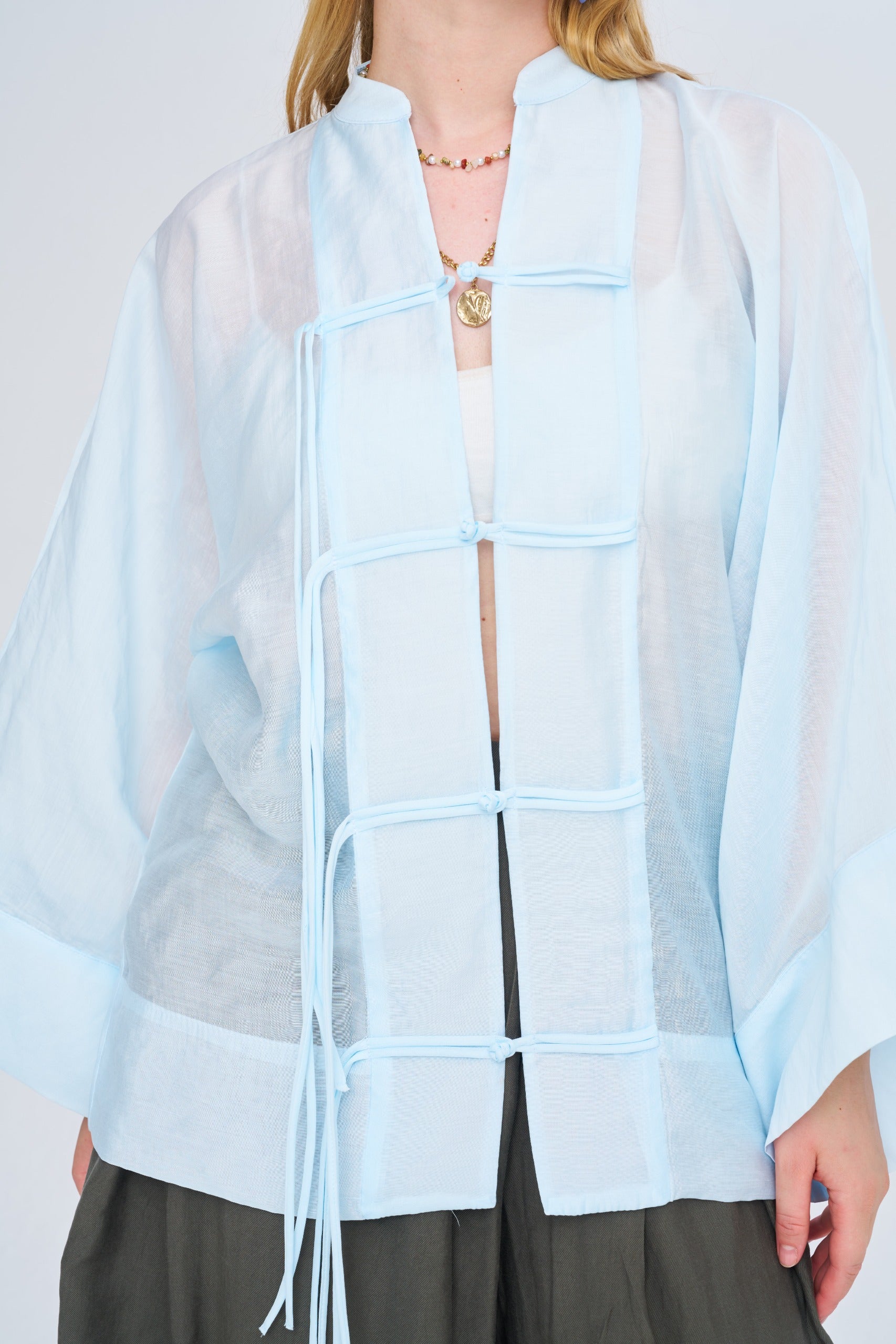 Toptan Kadın Çin Yaka Mavi Oversize Kimono