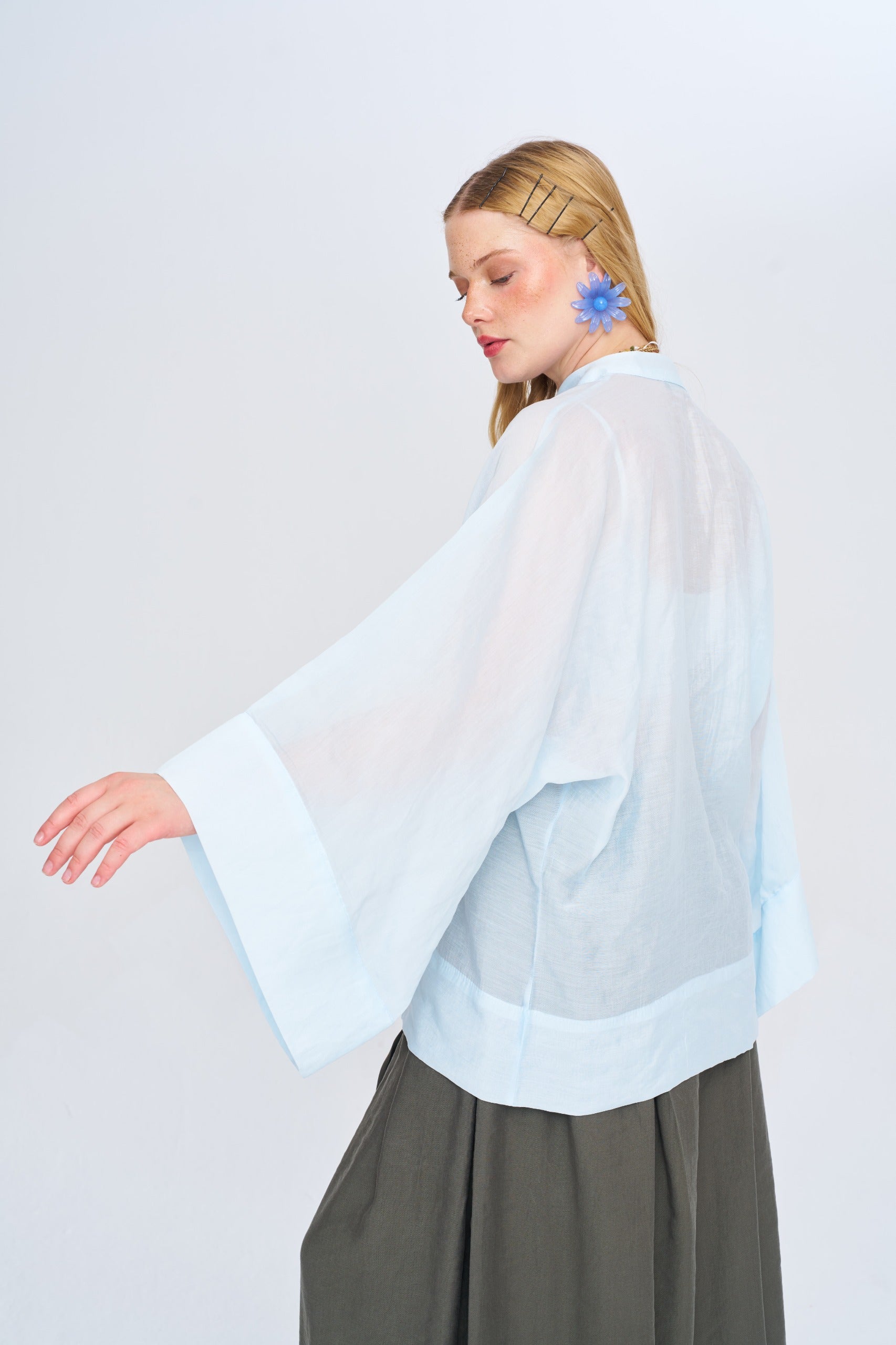 Toptan Kadın Çin Yaka Mavi Oversize Kimono