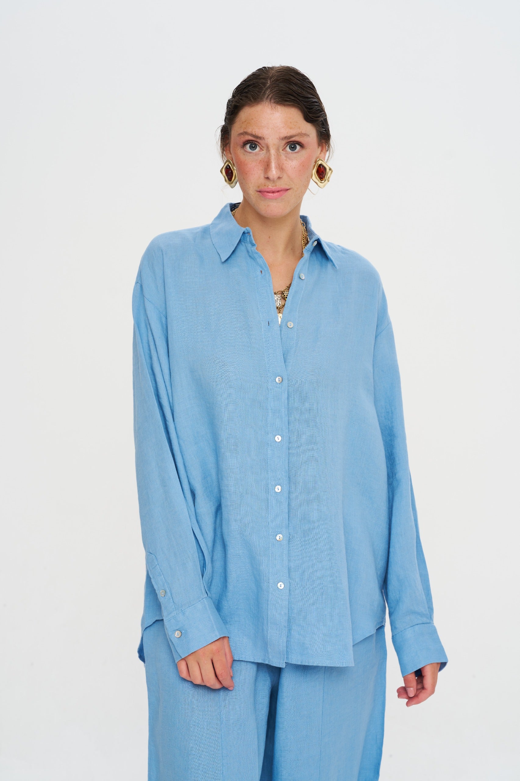 Toptan Keten Gömlek Mavi