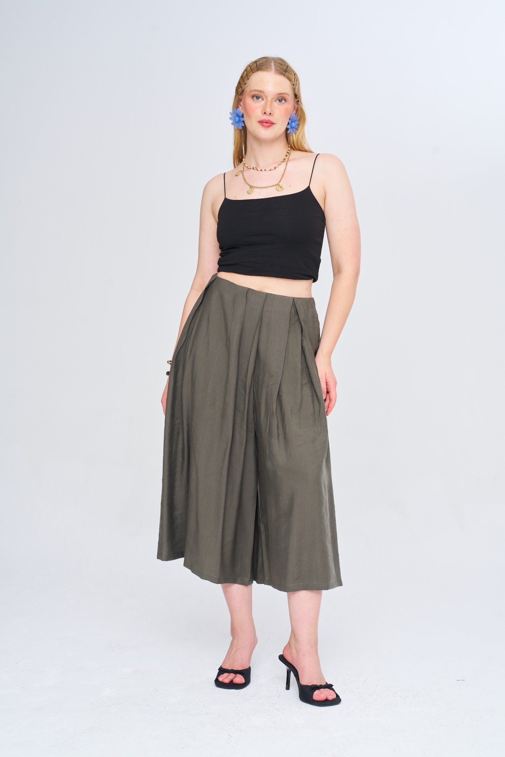 Toptan Kadın Tencel Karışımlı Haki Şort Etek