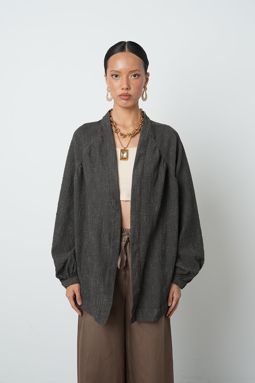 Kahverengi desenli oversize sonbaharlık kadın kimono, toptan satış